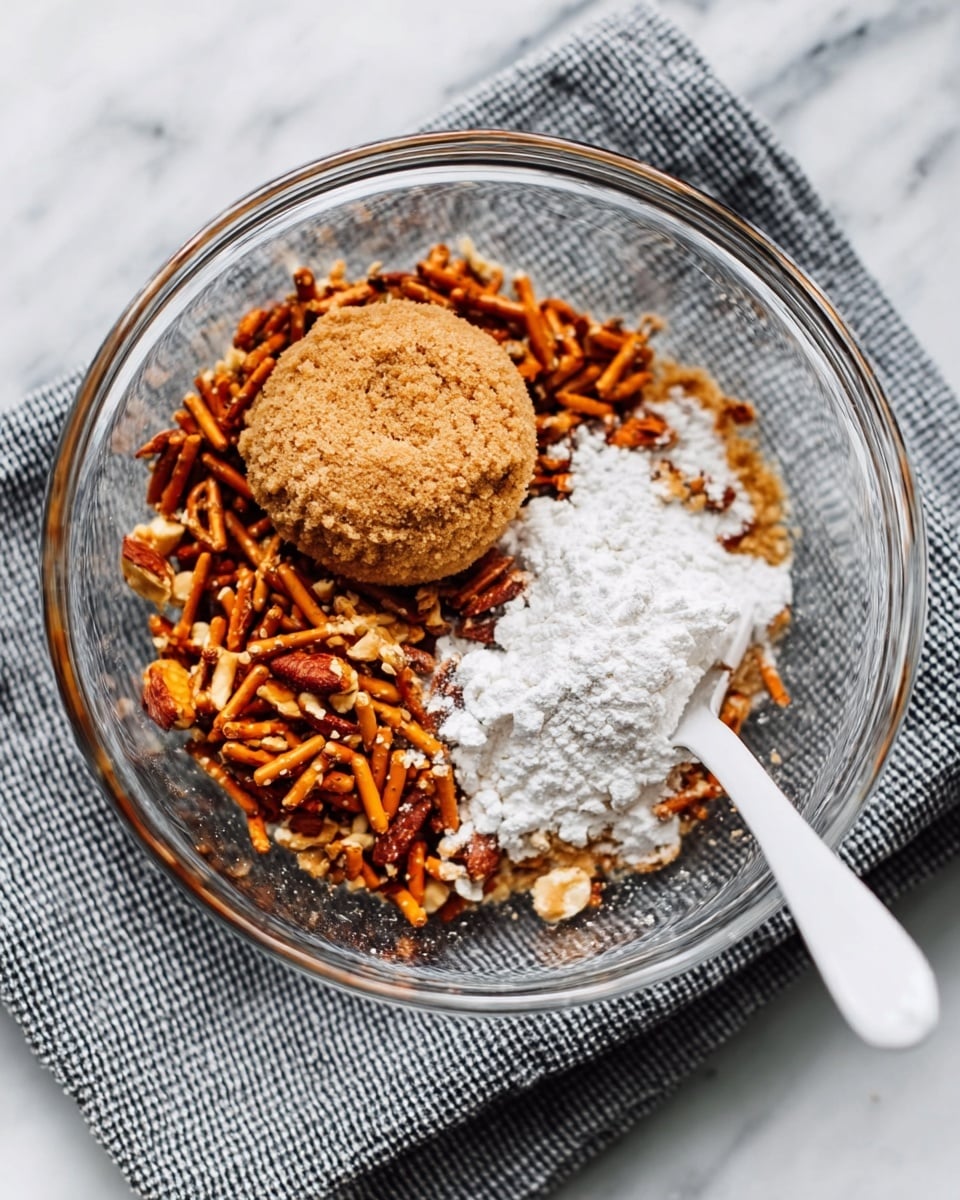 A clear glass bowl is filled with three main layers of ingredients that have not yet been mixed together. The bottom layer is made up of small, crunchy orange and brown pieces, possibly pretzel sticks or nuts. On top of this is a small mound of white powder, likely flour or sugar, sitting next to a larger light brown circular piece, looking like a packed round of brown sugar or a similar substance. The bowl is placed on a grey cloth with a white plastic spoon resting on the side. The background beneath the cloth is a white marbled surface. photo taken with an iphone --ar 4:5 --v 7