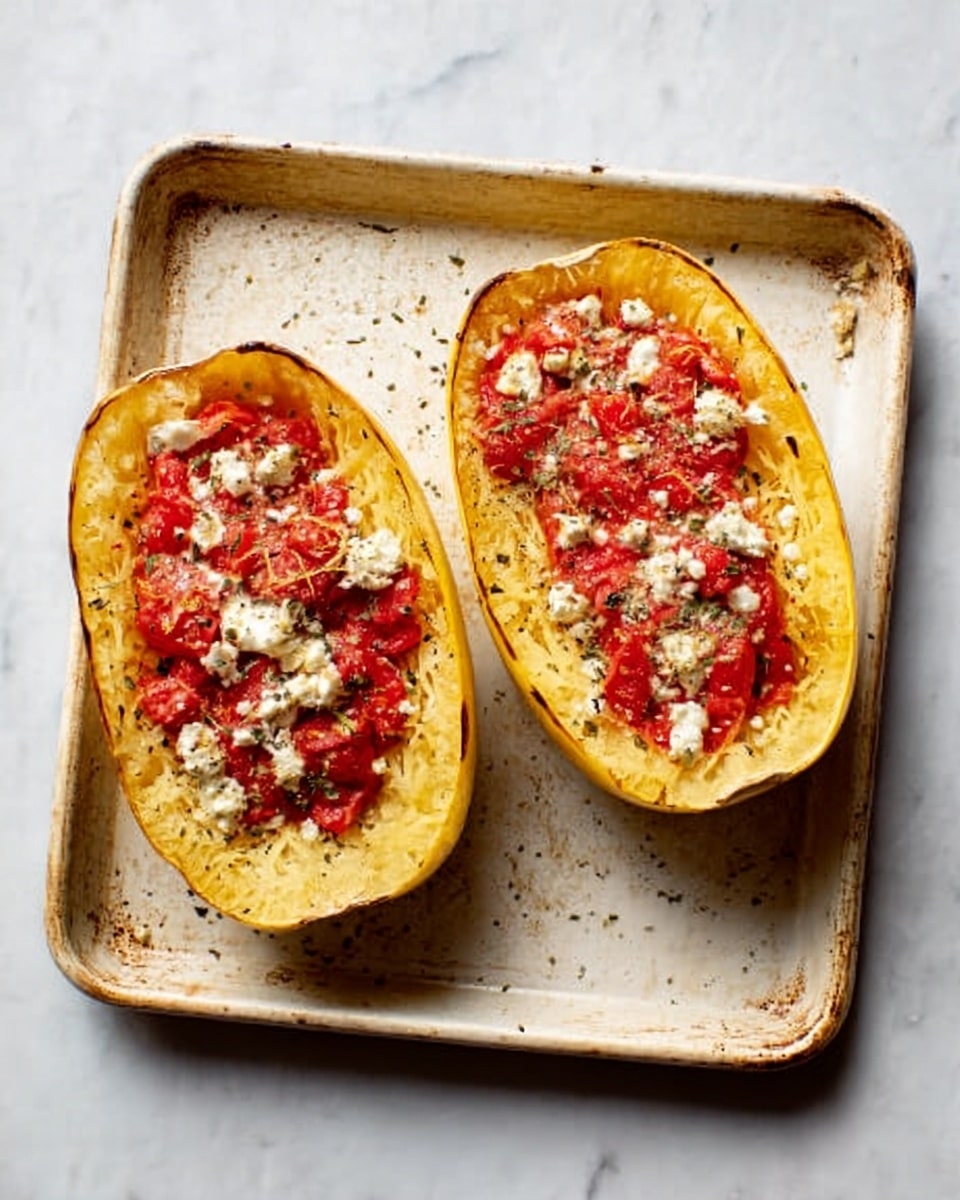 The image shows two halves of a spaghetti squash, each filled with a layer of soft, pale yellow squash flesh at the base. On top, there is a bright red tomato sauce with visible chunks of tomato and herbs. Sprinkled across the surface are small white dollops of cheese, likely ricotta or feta, adding a creamy texture. The squash halves are placed side by side on a white rimmed baking tray with some seasoning and herbs scattered around. The tray rests on a white marbled surface. photo taken with an iphone --ar 4:5 --v 7
