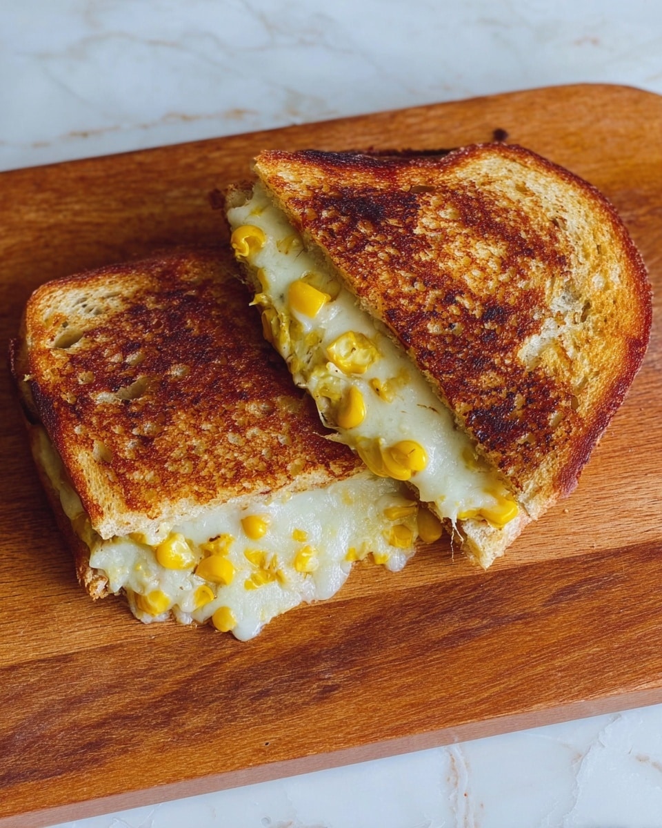 A grilled sandwich with two golden brown toasted bread slices, held slightly apart to show melted white and yellow cheese pulling between the slices, mixed with bright yellow corn kernels inside. The sandwich sits on a wooden cutting board placed on a white marbled surface. The toasted bread has a crispy, textured look with some darker spots. Photo taken with an iphone --ar 4:5 --v 7