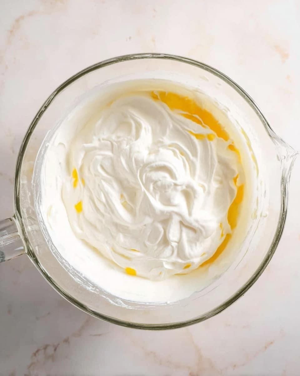 A clear glass mixing bowl filled with a smooth, thick white cream that has soft peaks and a few swirls of yellow liquid scattered gently on top, resting on a white marbled surface, photo taken with an iphone --ar 4:5 --v 7