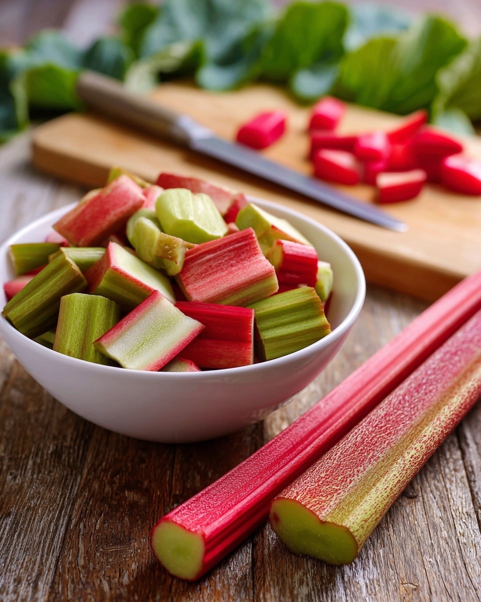 A white bowl filled with cut rhubarb pieces showing red edges and pale green centers sits on a wooden surface. To the right of the bowl are several long, uncut rhubarb stalks in bright red and green tones, with rough textured ends facing forward. In the background, more chopped rhubarb pieces and a knife lay on the wooden surface, with blurred green leaves adding a natural touch. photo taken with an iphone --ar 4:5 --v 7