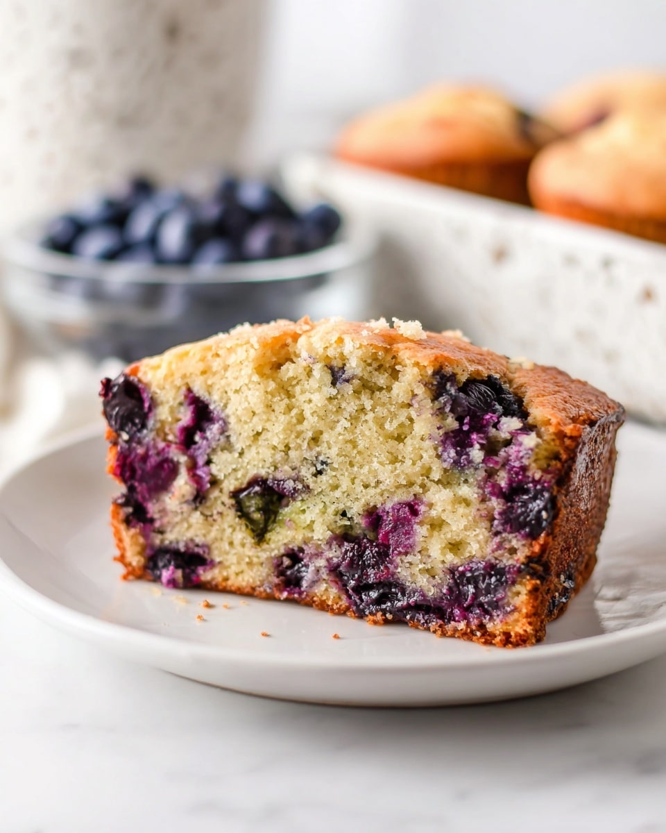 A close-up of a single thick slice of light golden bread with a moist texture on a white plate, filled with juicy dark purple blueberries scattered inside. The top and edges are slightly browned with a crumbly texture. In the blurred background, there is a clear bowl of fresh blueberries, a white plate with three small muffins, and a white speckled rectangular dish, all placed on a white marbled surface. The lighting is bright and natural, showing the detail of the bread and fruit. photo taken with an iphone --ar 4:5 --v 7