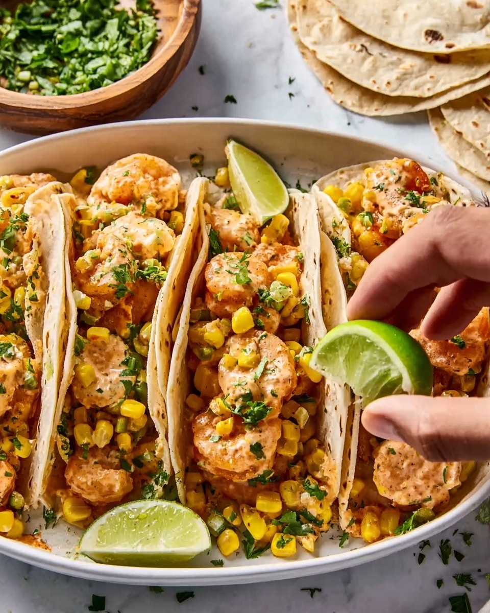 The image shows a white tray filled with soft, lightly toasted small tortillas folded in half. Inside each tortilla are pieces of cooked shrimp coated in a creamy orange sauce, bright yellow corn kernels scattered around, and green sliced peppers mixed with fresh green chopped herbs on top for garnish. A woman's hand is squeezing a fresh lime wedge over the food. In the background, there is a wooden bowl filled with chopped green herbs and some extra folded tortillas on the white marbled surface. Photo taken with an iphone --ar 4:5 --v 7