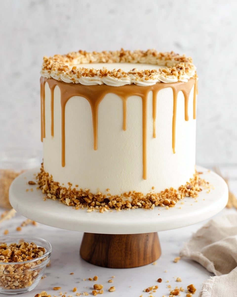 The cake has three layers covered in smooth white frosting. On top, there is a light brown caramel drip that flows down the sides unevenly. Around the top edge of the cake is a ring of small, crunchy nut pieces, with the same nut pieces scattered around the base on the white marble cake stand. The cake stand has a wooden base. There is a small glass bowl with more nut pieces next to the cake on the white marbled surface. Photo taken with an iphone --ar 4:5 --v 7