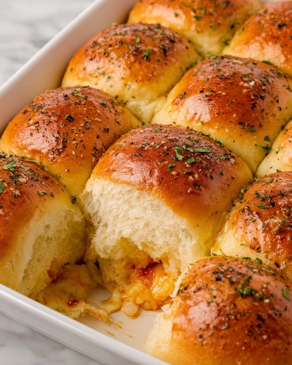 Nine soft golden brown baked buns are tightly placed in a white baking dish. Each bun has a shiny top sprinkled with herbs and black pepper, adding small green and dark specks. One bun is pulled slightly away, revealing a gooey, light yellow cheese and some bits of reddish filling inside. The top texture of the buns is smooth and slightly glossy, while the sides are soft and fluffy with a light cream color. The dish sits on a white marbled surface. photo taken with an iphone --ar 4:5 --v 7