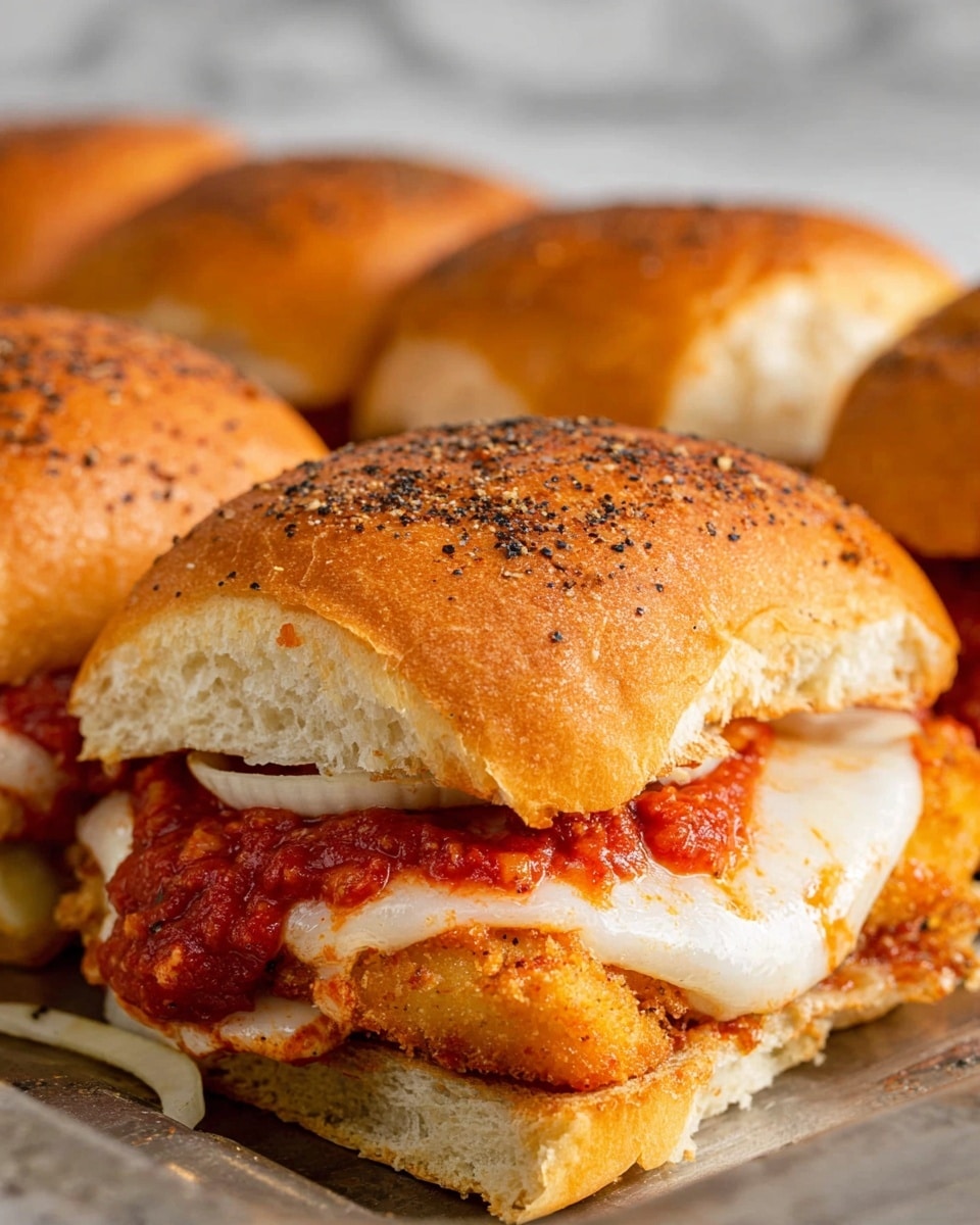 The image shows a close-up of a sandwich made of soft golden brown buns with a shiny, slightly textured top sprinkled with black pepper flakes. Inside the sandwich, there is a crispy fried chicken piece that is golden and crunchy, layered with melted white cheese oozing slightly at the edges and a thick vibrant red tomato sauce spread generously over the chicken. Thin white onion slices peek out from under the bun, adding a hint of freshness. The sandwiches are connected in a row on what looks like a baking sheet, set against a white marbled surface. photo taken with an iphone --ar 4:5 --v 7