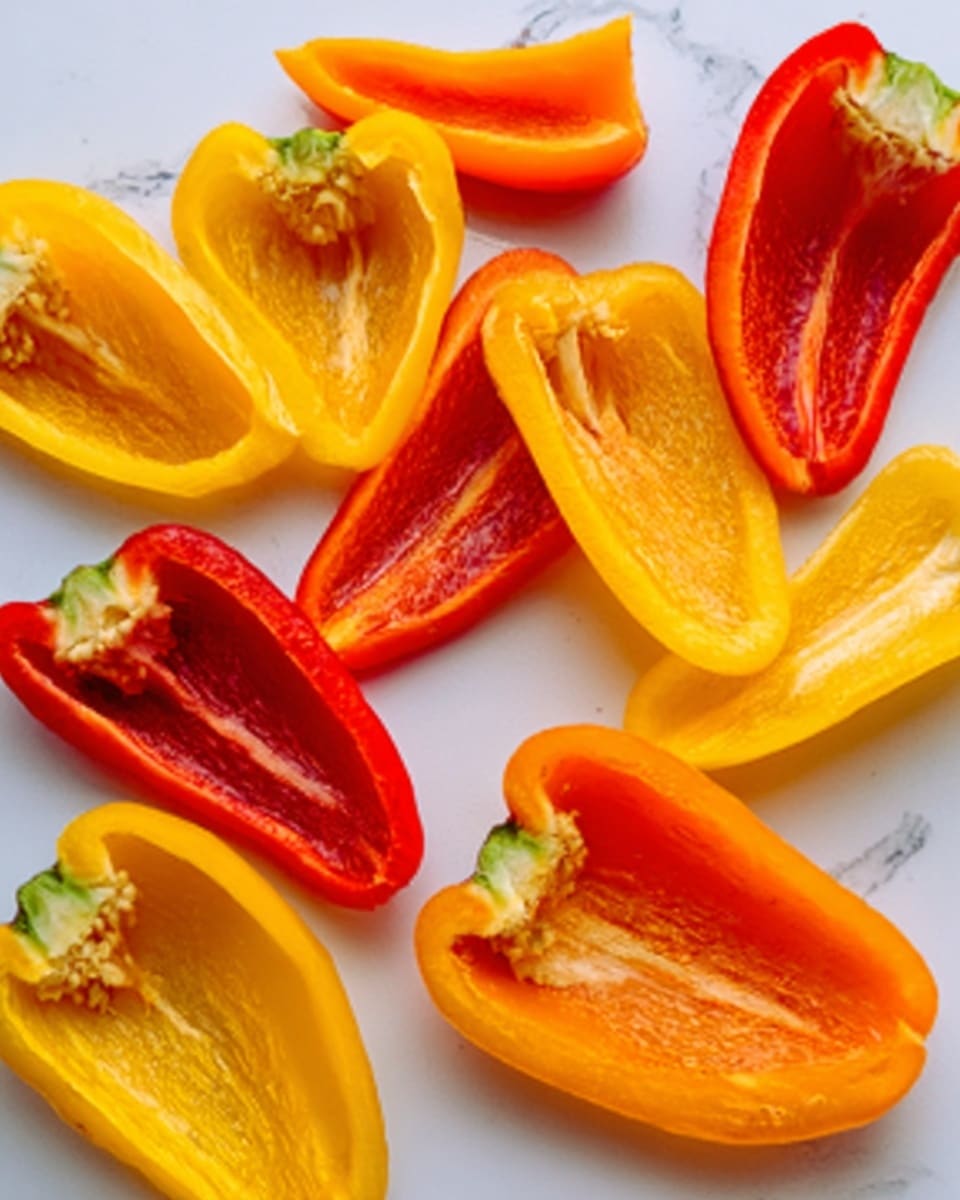 The image shows several bell pepper halves arranged on a white marbled surface. The peppers are cut into two layers, revealing their smooth, shiny skin on the outside and a lighter, slightly textured inner side. The bell peppers come in bright colors including yellow, orange, and red, creating a colorful mix. The shapes are mostly elongated with visible curves, and there is no filling inside the pepper halves. The lighting highlights the glossy, fresh texture of the peppers. Photo taken with an iphone --ar 4:5 --v 7