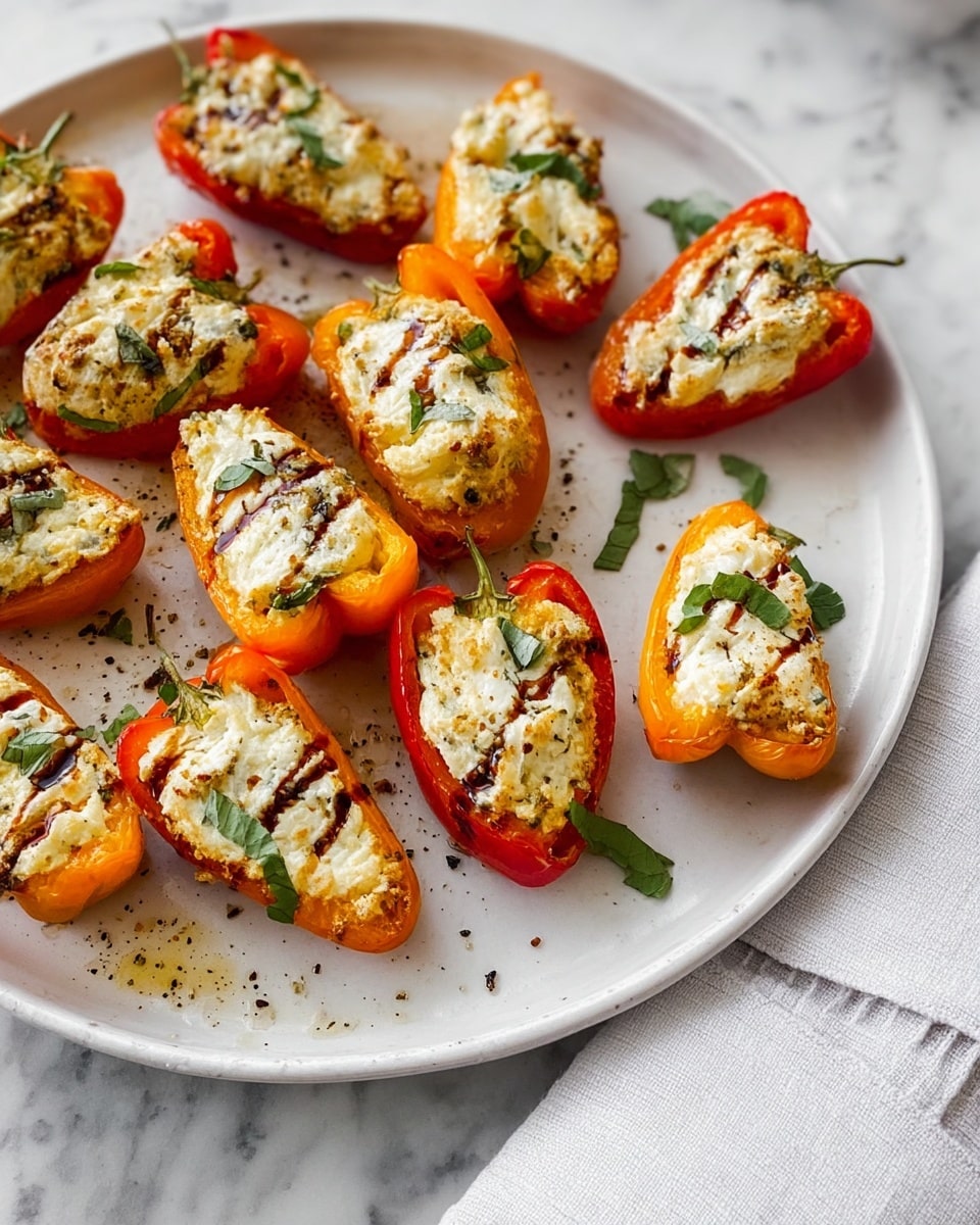 The dish shows one white round plate filled with about twelve small stuffed pepper halves arranged in a circle. Each pepper half has a deep orange or red outer skin layer, filled with a creamy white cheese layer that is slightly browned and textured on top. There are thin dark brown lines of sauce drizzled over the cheese, with small green herbs sprinkled on each piece. Light drops of oil and specks of black pepper are scattered around the stuffed peppers. The plate rests on a white marbled surface with a white cloth napkin partially visible in the bottom right corner. Photo taken with an iphone --ar 4:5 --v 7
