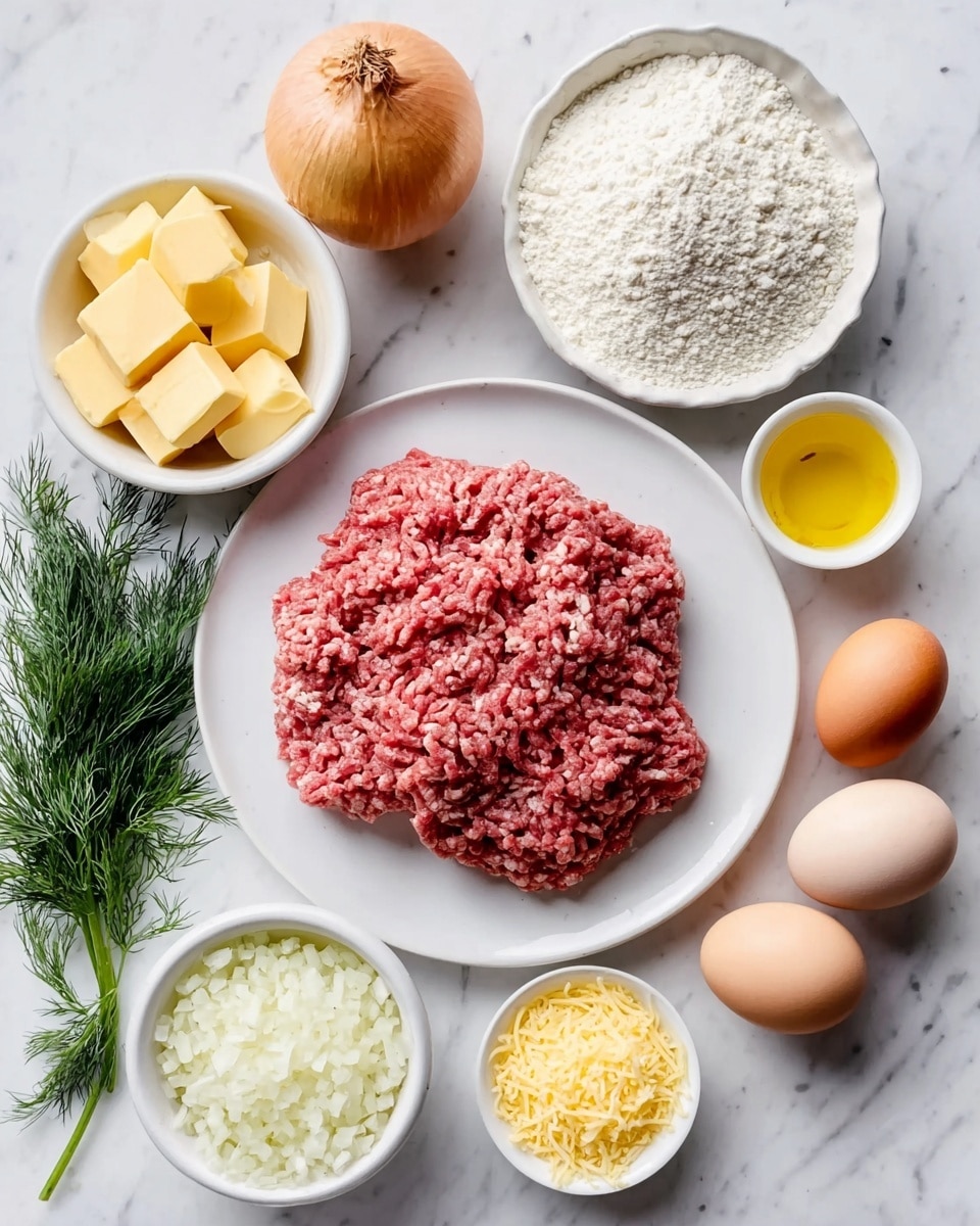 The image shows a white plate filled with raw ground meat placed on a white marbled surface. Around the plate, there are small white bowls containing different ingredients: one bowl has white flour, another has yellow butter cubes, one has finely chopped white onions, and another has yellow grated cheese. There are also two whole eggs, a small bowl of yellow oil, a whole brown onion, and a sprig of green dill. The colors include the pinkish-red of the meat, white, yellow, brown, and green. Photo taken with an iphone --ar 4:5 --v 7