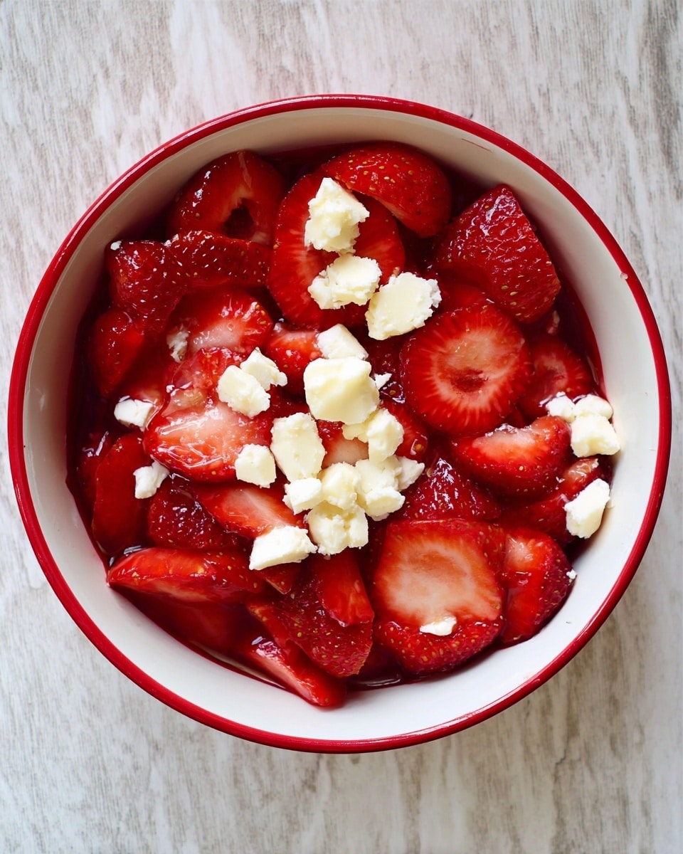 The image shows a white round bowl with a red rim filled with two main layers: the bottom layer is made of bright red sliced strawberries spread evenly, and on top are small uneven pieces of pale cream cheese scattered over the strawberries. The bowl is placed on a white marbled surface. photo taken with an iphone --ar 4:5 --v 7