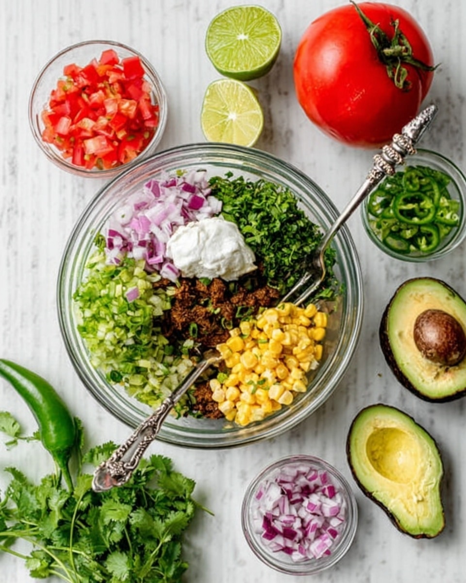 A clear glass bowl sits on a white marbled surface, filled with colorful layers. From bottom to top, there are finely chopped purple onions, bright green chopped scallions, dark brown pieces of cooked meat, a dollop of white creamy sauce, diced red tomatoes, yellow corn kernels, and fresh green cilantro. Around the bowl, there are small clear glass bowls holding chopped red onions, green scallions, and diced tomatoes, plus whole lime, an avocado cut in half showing the green inside, a bright red tomato, and a green chili pepper. A woman's hand with silver rings is holding a fork resting in the bowl. photo taken with an iphone --ar 4:5 --v 7
