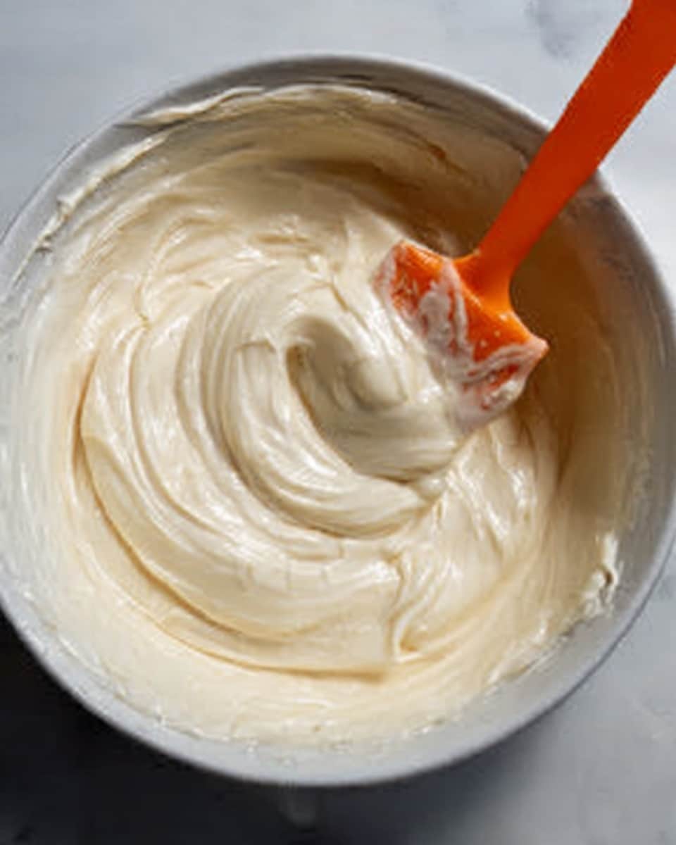 A close-up view of a thick, creamy batter with a smooth, silky texture in a white bowl. The batter is light beige in color, with soft peaks and swirls all around. An orange spatula with some batter on it rests inside the bowl, showing a bit of shine and sticky texture. The bowl sits on a white marbled surface. Photo taken with an iphone --ar 4:5 --v 7