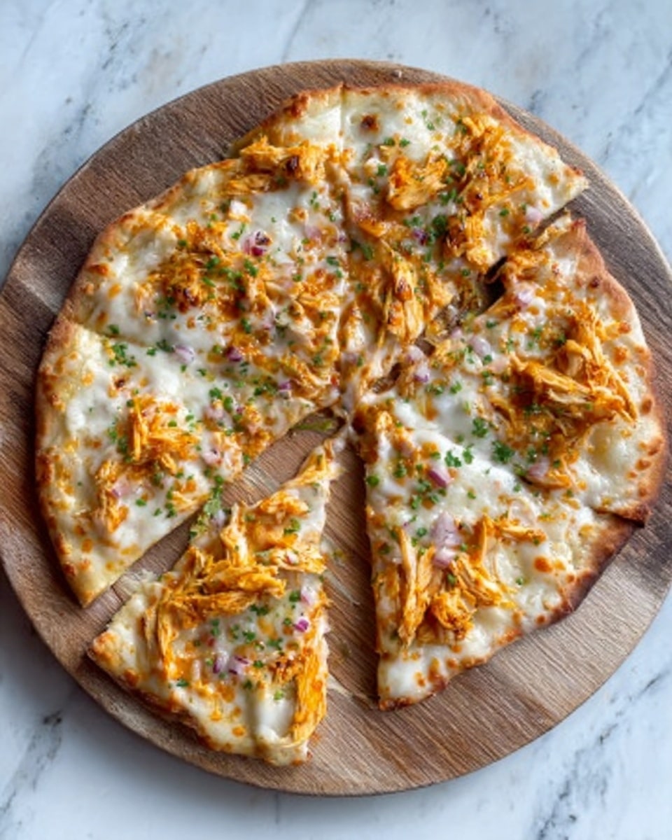 The image shows a round pizza cut into four slices on a round wooden board. The pizza has a thin crust that is light brown and slightly crispy. On top, there is a layer of melted white cheese covering nearly the whole surface. Scattered over the cheese, there are small pieces of orange shredded chicken, and some green herbs sprinkled in small amounts for color. The scene is simple, with the pizza as the main focus, and a white marbled surface below. The photograph looks bright and clear, taken with an iphone --ar 4:5 --v 7