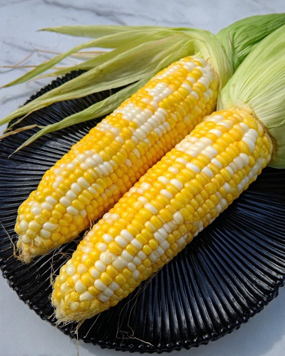The image shows two ears of corn with bright yellow and white kernels, lying side by side on a black ridged plate. The corn husks are partially peeled back, revealing the shiny kernels, and still attached at the ends, spreading out around the corn. The plate is placed on a white marbled surface. The colors are vibrant, with the yellow and white corn standing out against the dark plate and light background. Photo taken with an iphone --ar 4:5 --v 7