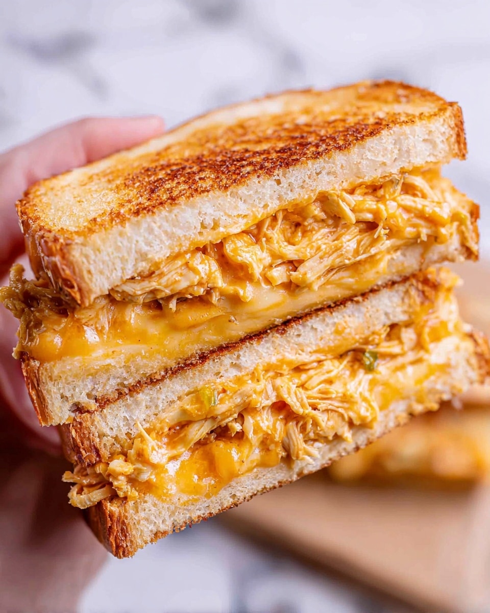 A close-up of a toasted sandwich held by woman's hand, showing two thick slices of light golden-brown toasted bread with a crispy texture. Inside, there are two visible layers of shredded chicken mixed with melted cheddar cheese that looks smooth and creamy, with hints of orange and light brown sauce spreading evenly between the layers. The melted cheese is soft and stretches slightly between the bread, creating a rich filling. The background has a soft focus with a white marbled texture. Photo taken with an iphone --ar 4:5 --v 7