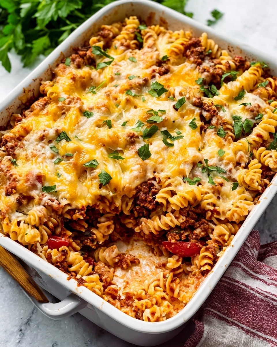 A white rectangular baking dish filled with layered pasta, showing a top layer of melted golden cheese mixed with small green herb pieces and bits of browned meat. Below the cheese, visible spiraled pasta with a creamy sauce and red tomato pieces peek through. The dish is placed on a white marbled surface, surrounded by some green leafy herbs in the background. The texture of the top layer looks slightly crispy and bubbly, while layers underneath appear soft and saucy. photo taken with an iphone --ar 4:5 --v 7