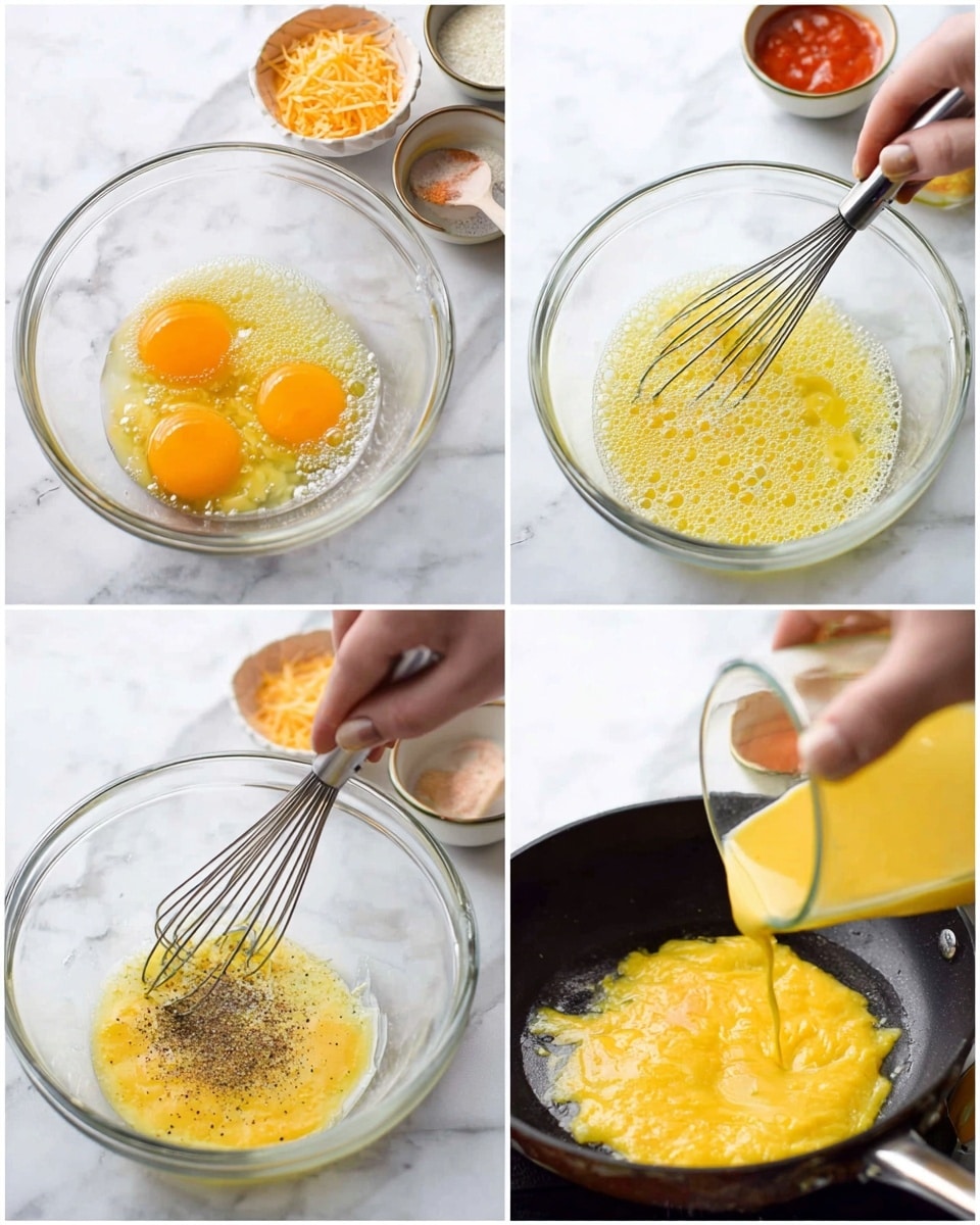 The image is divided into four sections showing the process of making scrambled eggs on a white marbled surface. The first section shows three yellow egg yolks in a clear glass bowl with a metal whisk inside, and a woman’s hand holding the whisk. In the second section, the eggs are partially mixed with a foamy yellow texture, with the whisk still inside and the woman’s hand visible. The third section focuses on seasoning being added to the beaten eggs in the bowl, showing a sprinkle of black pepper on the yellow mixture. The fourth section shows the yellow scrambled egg mixture being poured from the clear bowl into a black skillet with melted butter. In the background, small bowls of shredded cheese, butter, and salsa are slightly blurred. Photo taken with an iphone --ar 4:5 --v 7