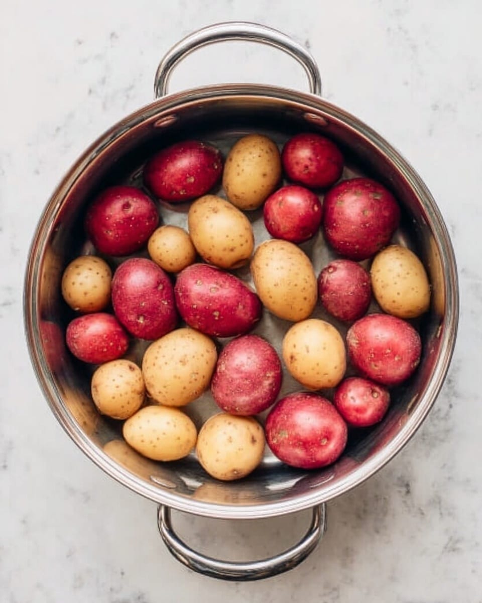 The image shows a silver metal pot filled with whole red and yellow potatoes. The potatoes are evenly spread out in a single layer inside the pot. The pot has two handles on each side and sits on a white marbled surface. Photo taken with an iphone --ar 4:5 --v 7