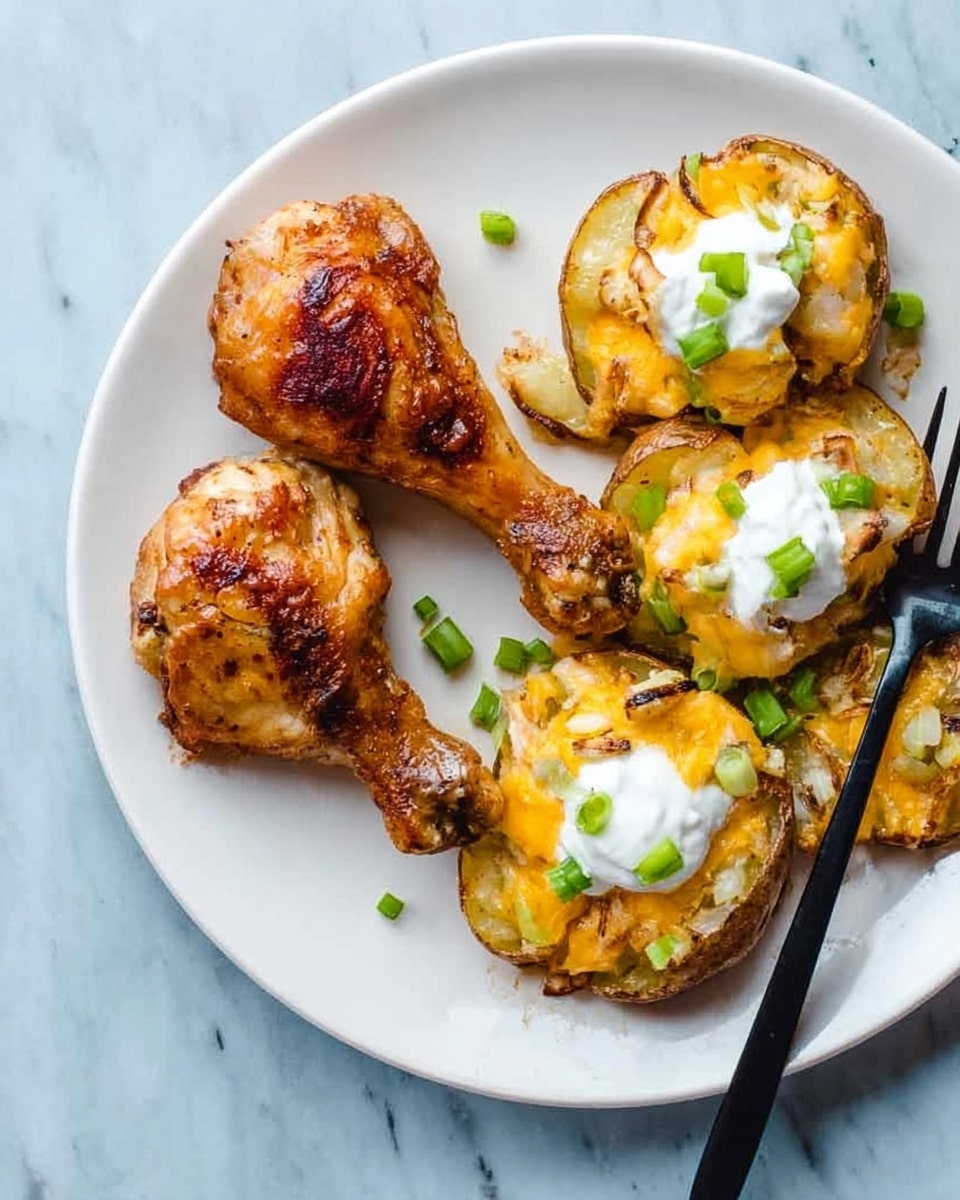 A white plate with two golden brown cooked chicken drumsticks placed on the left side. On the right side of the plate are four smashed potatoes with crispy edges and melted yellow cheese on top. Each potato is topped with a dollop of white sour cream and small bright green chopped scallions scattered around. The plate is set on a white marbled surface with a black fork resting to the right of the plate. photo taken with an iphone --ar 4:5 --v 7