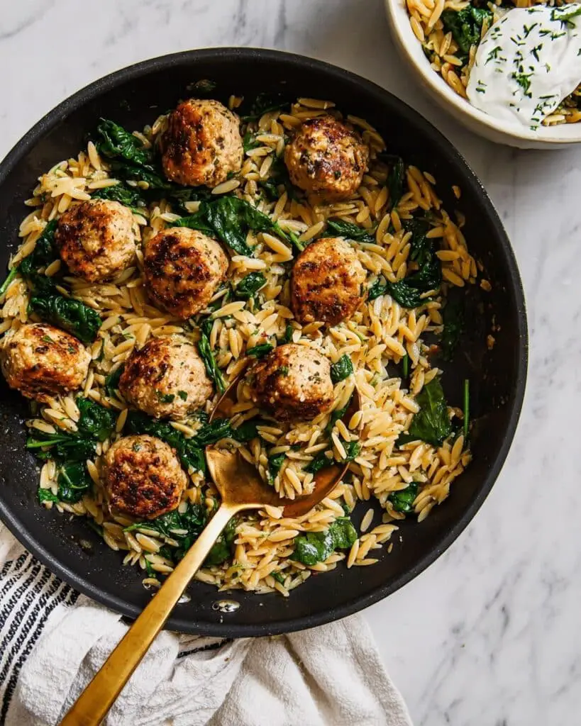 Lemon-Dill Turkey Meatballs with Orzo and Greens Recipe