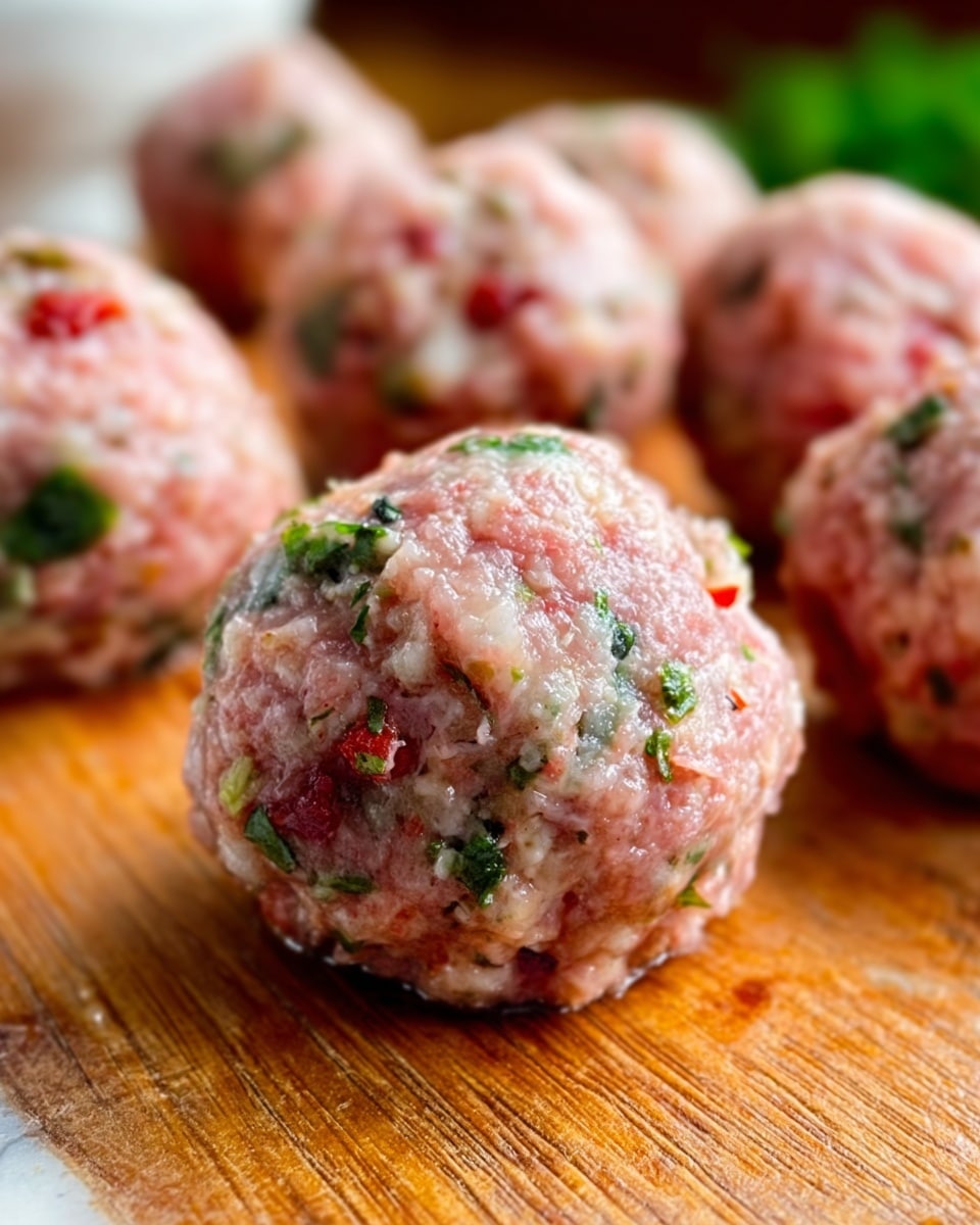 The image shows several raw meatballs placed on a wooden board with a white marbled texture background. Each meatball is round and packed tightly, showing a mix of pink ground meat with small bits of green herbs, red pieces, and white bits inside. The surface of the meatballs looks moist and slightly shiny. One meatball is in clear focus front and center, with others slightly blurred in the background. Photo taken with an iphone --ar 4:5 --v 7