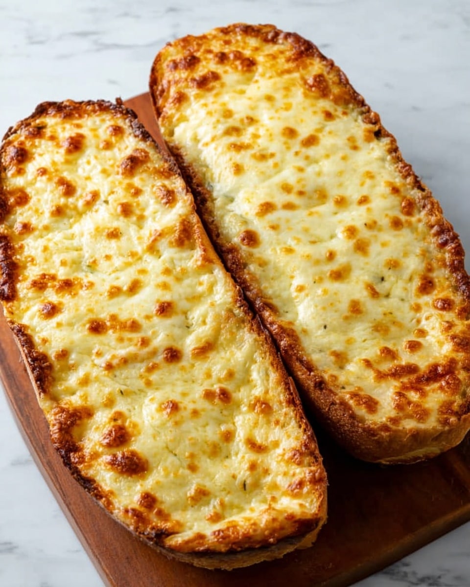 The image shows two long pieces of bread, each covered with a thick layer of melted cheese that is golden brown with small spots of darker browning across the top, giving it a crispy texture. The cheese layer looks creamy and smooth in the lighter spots and bubbly where it is browned. The bread underneath appears toasted and slightly darker around the edges. Both pieces are placed side by side on a wooden board, with a white marbled surface underneath. Photo taken with an iphone --ar 4:5 --v 7