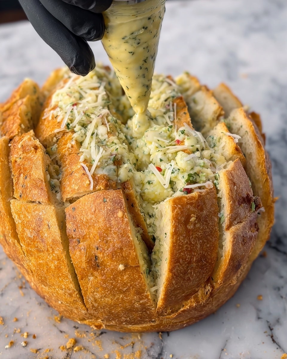 A round loaf of bread with golden brown crust is sliced into thick layers but still connected at the base, each layer filled with a creamy light yellow herb butter that has green and red bits inside, and shredded white cheese sprinkled between the bread layers. A woman's hand wearing a black glove is holding the bread while another woman's hand is squeezing the herb butter from a clear piping bag directly onto the bread's crust. The background is a white marbled texture. photo taken with an iphone --ar 4:5 --v 7