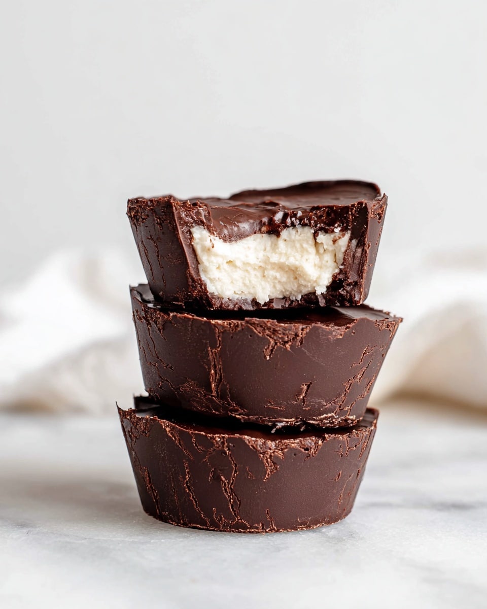 A stack of three dark chocolate cups with rough, textured sides sits on a white marbled surface. The top cup has a bite taken out, revealing a creamy white filling inside with a soft texture. The chocolate edges are thick and slightly cracked, adding a rustic look. The lighting is bright and natural, with a clean white background and soft shadows, making the rich dark brown and creamy white colors stand out. photo taken with an iphone --ar 4:5 --v 7