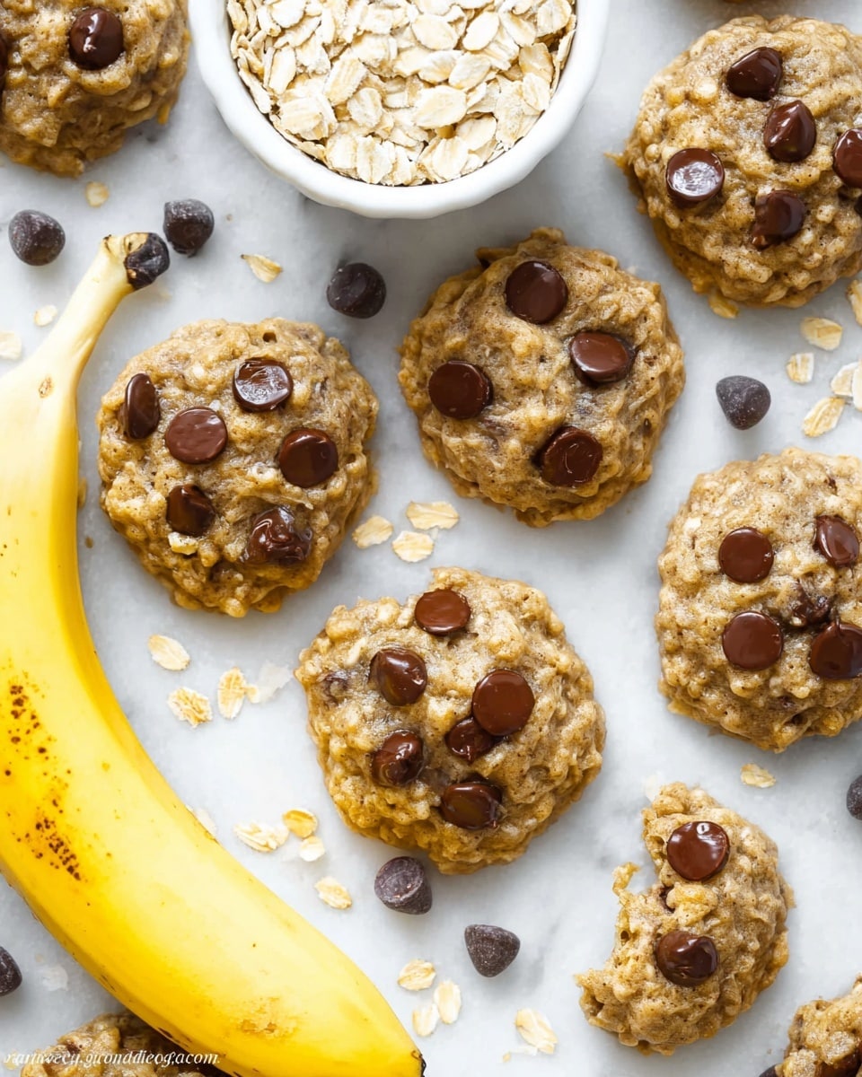 The image shows several oatmeal chocolate chip cookies scattered on a white marbled surface. Each cookie is golden brown with a slightly rough texture from the oats, and many chocolate chips are visible on top, some glossy and slightly melted. Near the top center, there is a white bowl filled with raw oatmeal flakes. A ripe yellow banana with small brown spots is positioned in the bottom left corner, adding a pop of color. One cookie near the center is broken in half, revealing a soft inside with melted chocolate stretching between halves. A few loose oatmeal flakes and chocolate chips are also scattered around on the surface. Photo taken with an iphone --ar 4:5 --v 7