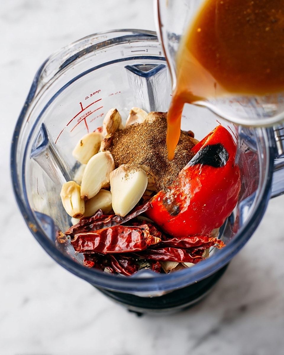 A clear blender jar is shown from above, filled with various ingredients ready to mix. On the bottom layer, there are several dried red chili peppers with a deep red color and smooth texture. On top of them are roasted garlic cloves, which are golden with some brown spots, and a few pieces of white onion wedges. Above this, there is one large roasted red pepper, its skin blackened in places, showing a mix of red and charred black. A mound of brown spices sits next to the peppers, with some ground black pepper visible. A woman’s hand is pouring a dark amber-brown liquid into the blender from a clear glass measuring cup. The blender is set on a white marbled surface. photo taken with an iphone --ar 4:5 --v 7