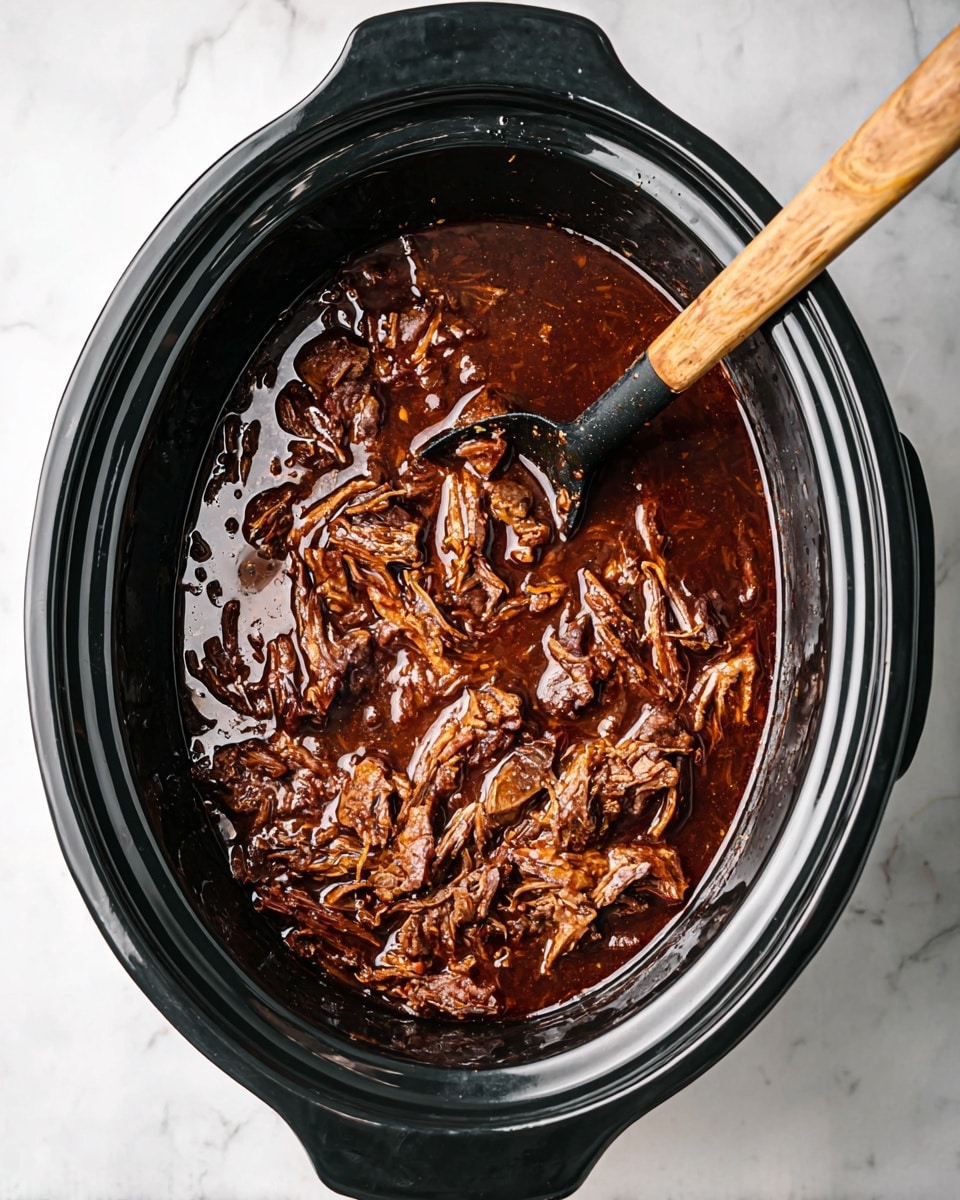 The image shows a black slow cooker filled with a dark brown stew that has shredded meat pieces spread throughout. The stew looks thick with some oil shiny on the surface, and the shredded meat has a slightly stringy texture in different sizes. Inside the slow cooker, a black ladle with a wooden handle sits partially submerged in the stew on the right side. The cooker rests on a white marbled surface. photo taken with an iphone --ar 4:5 --v 7