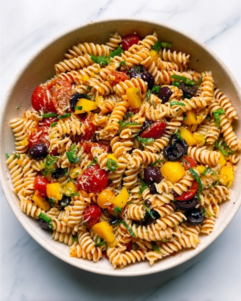 A white bowl filled with layers of spiral pasta mixed with small pieces of yellow bell pepper, halved cherry tomatoes, black olive slices, and chopped green herbs. The pasta is light golden with a firm texture, and the vegetables add bright pops of red, yellow, and black throughout. The dish looks fresh, colorful, and well mixed, sitting on a white marbled surface. Photo taken with an iphone --ar 4:5 --v 7
