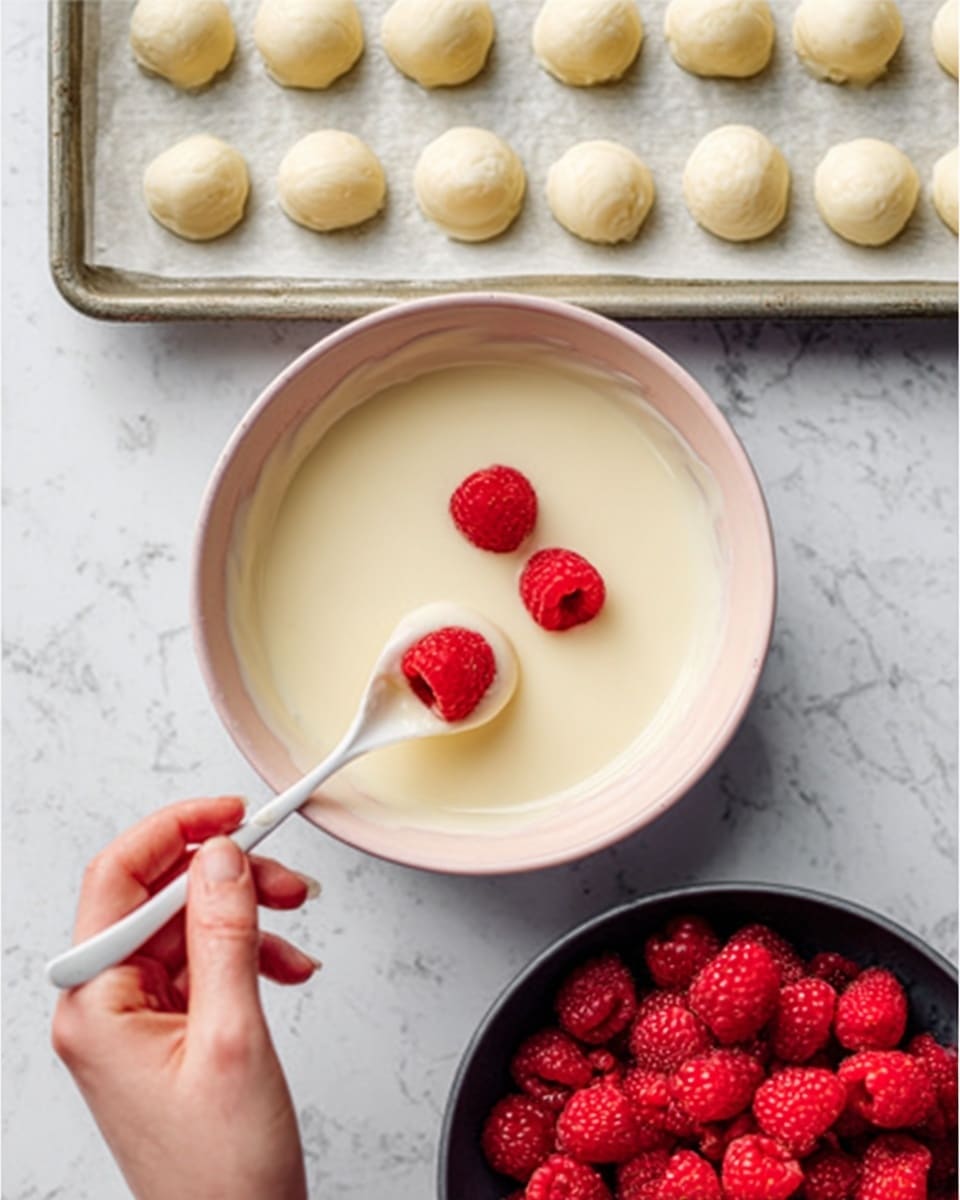 The image shows a white bowl with smooth white chocolate melted inside. Two bright red raspberries float on top of the melted chocolate. Below the bowl, a black bowl is filled with many fresh red raspberries. Above, there is a baking tray lined with parchment paper holding rows of small round white treats. A woman's hand holds a white spoon dipping one treat into the white chocolate in the bowl. The background is a white marbled surface. Photo taken with an iphone --ar 4:5 --v 7