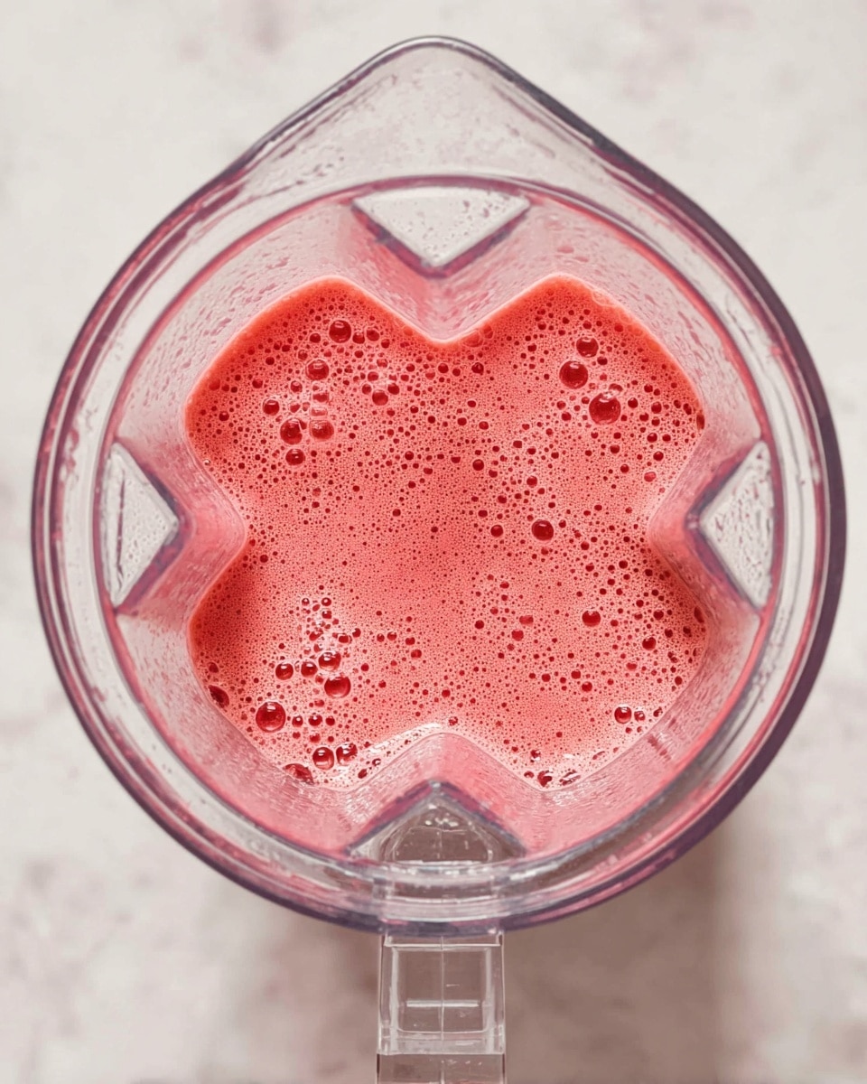 A clear blender container holds a single layer of pinkish-red liquid with many small bubbles on its smooth, frothy surface. The blender is set on a white marbled surface, and the photo is taken from above, showing the shape and details of the blender’s sharp blades and edges through the transparent sides. The lighting highlights the soft texture of the liquid inside. photo taken with an iphone --ar 4:5 --v 7