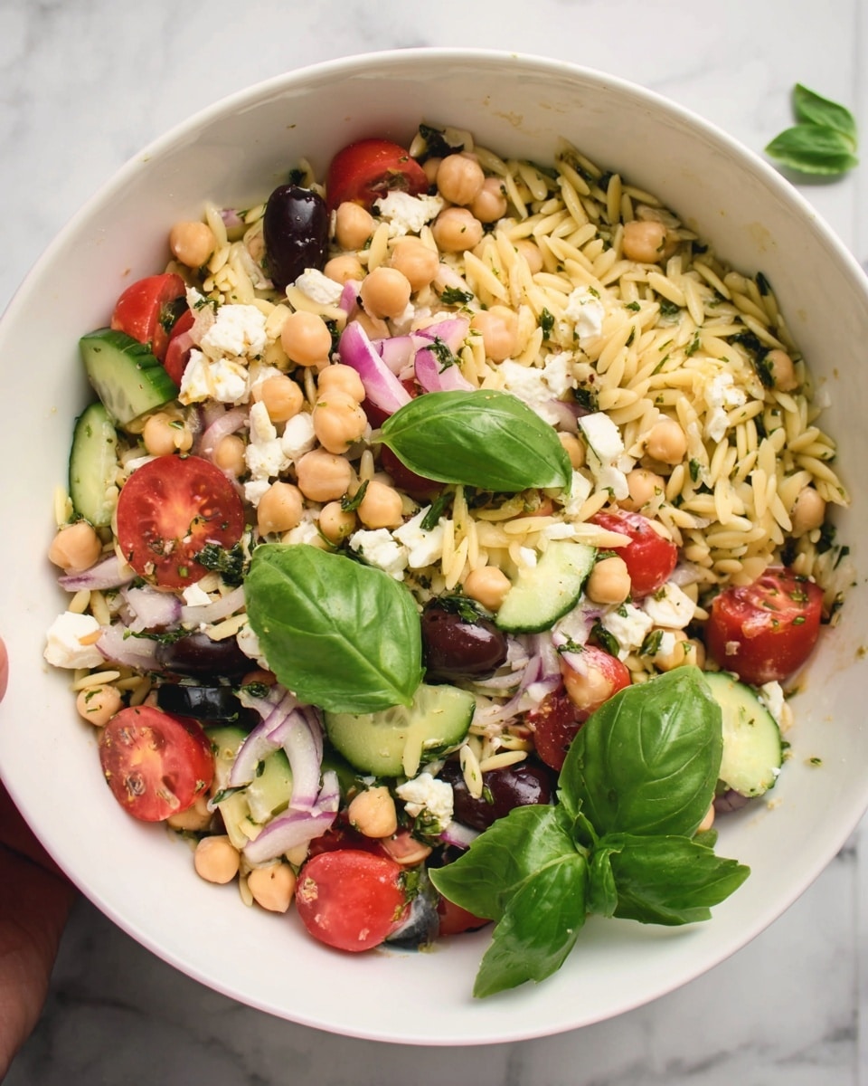 A white bowl filled with a colorful salad consisting of three main layers: the bottom layer is made up of small orzo pasta in a pale yellow color mixed evenly throughout; the middle layer shows chickpeas in light beige scattered among sliced cucumber pieces with bright green skin and pale green inside, along with halved cherry tomatoes in vibrant red; the top layer has thin semi-transparent slices of red onion, black olive rings, small chunks of white feta cheese, and bright green basil leaves placed on top for garnish. The salad has a light dressing with visible black pepper sprinkled across. The bowl is set on a white marbled surface with some fresh green basil leaves in the background photo taken with an iphone --ar 4:5 --v 7