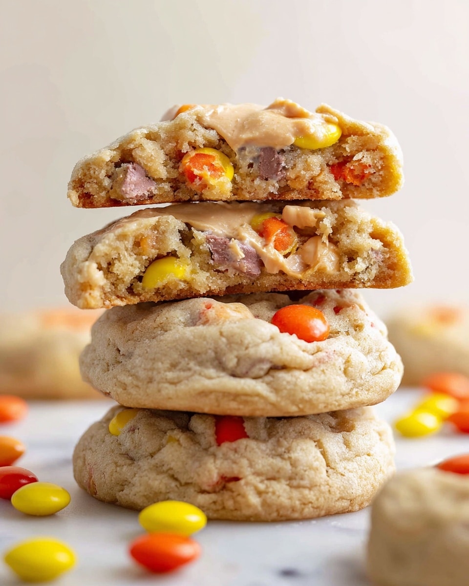 Several round cookies with a soft, golden-brown base are scattered close together on a white marbled surface. Each cookie is studded with colorful candy pieces in shades of orange, yellow, and dark brown, creating a nice contrast against the lighter dough. The cookies have a slightly cracked texture on top, showing a tender and crumbly finish. The arrangement is casual, filling the whole frame with a warm and inviting look. photo taken with an iphone --ar 4:5 --v 7