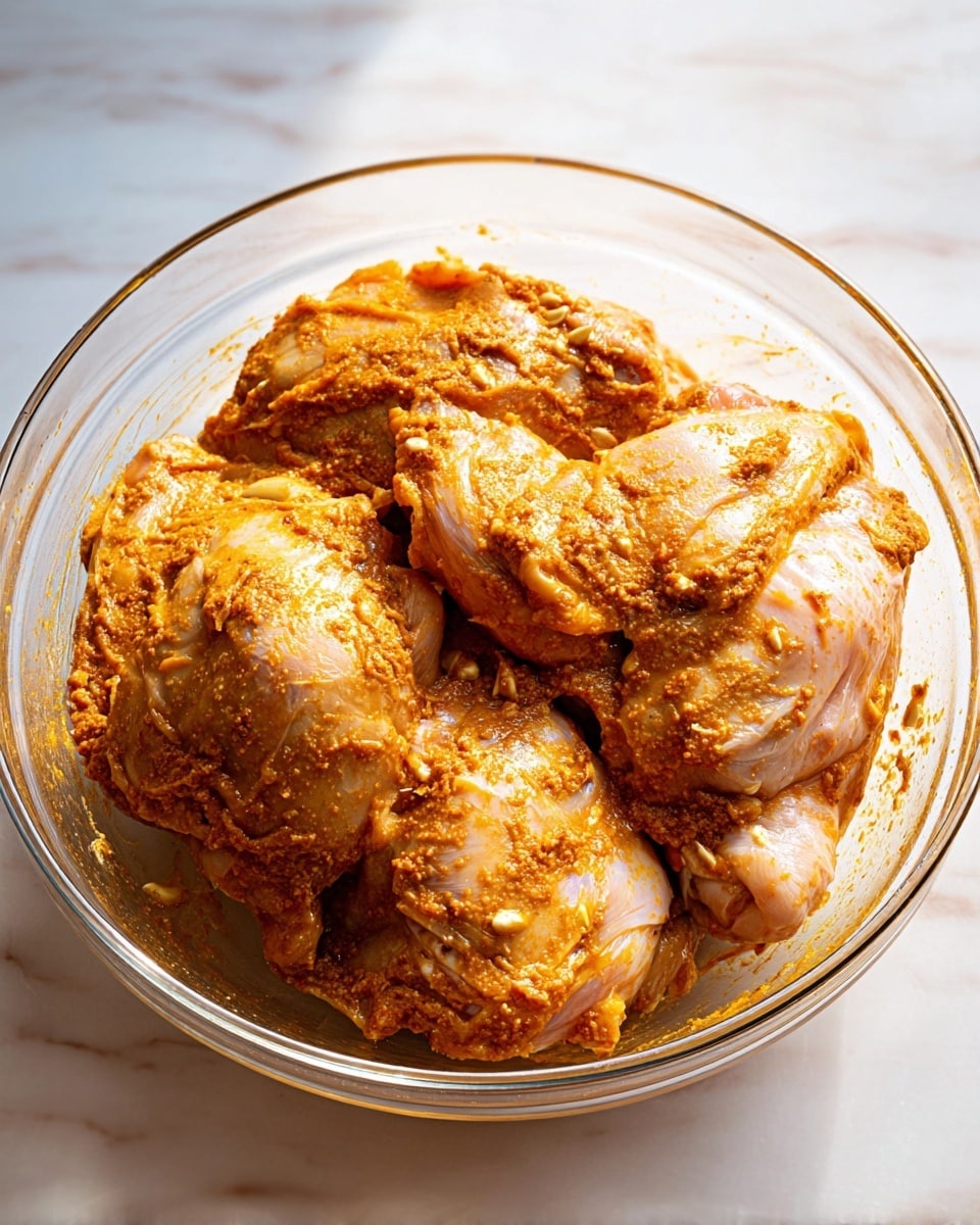 A clear glass bowl holds several large raw chicken pieces coated in a thick orange-brown spice mix with visible small bits of garlic and herbs. The chicken skin is pale with a slightly wet texture, and the marinade clings unevenly, showing some spots of bare skin. The bowl sits on a white marbled surface with soft natural lighting creating some highlights and shadows on the chicken and inside the bowl. photo taken with an iphone --ar 4:5 --v 7