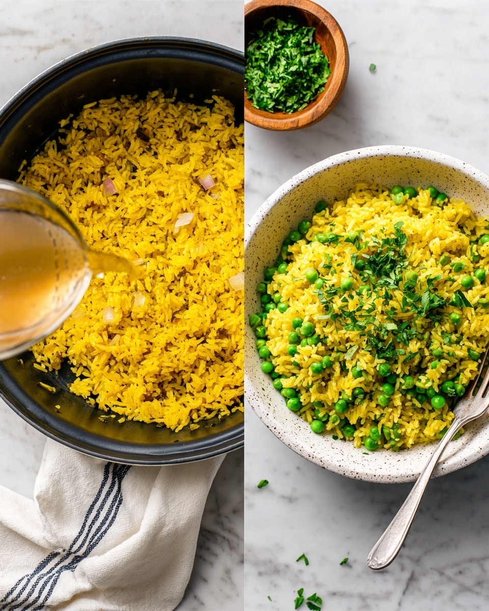The image shows two scenes side by side: on the left, a black cooking pot contains yellow rice with visible small pieces of onions, and a clear liquid is being poured into it from a glass measuring cup. On the right, a white speckled bowl is filled with cooked yellow rice mixed with bright green peas and sprinkled with chopped green herbs on top. A silver fork rests on the bowl's edge, and a small wooden bowl with more green herbs is placed in the upper right corner. The background is a white marbled texture with a white and black striped cloth partially visible near the bowl. Photo taken with an iphone --ar 4:5 --v 7
