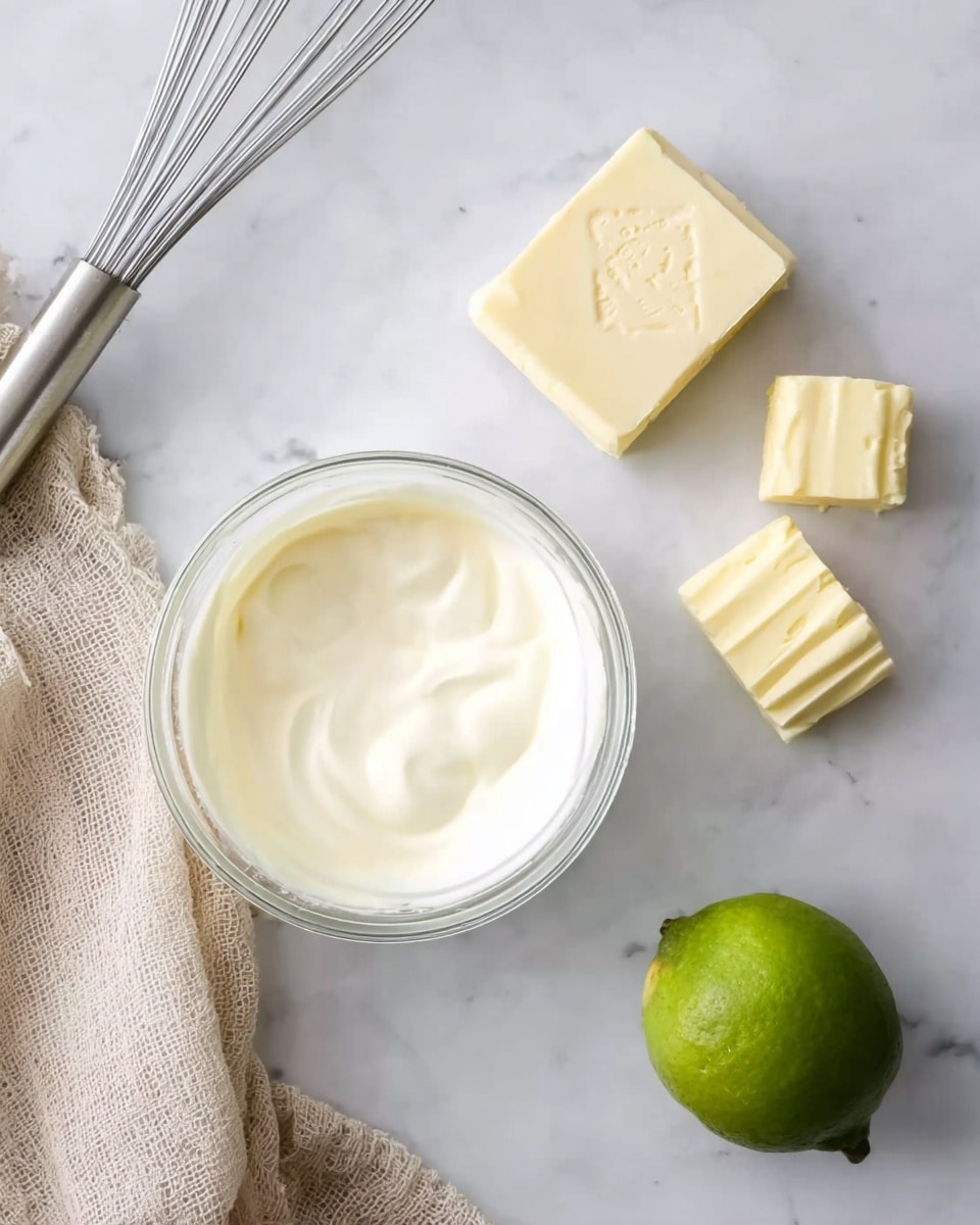 The image shows a clear glass bowl filled with smooth white cream placed on a white marbled surface. To the top right of the bowl, there are five pieces of pale yellow butter with uneven shapes, including one larger square block with a faint pattern on it. A fresh whole lime with a bright green color is positioned in the bottom right corner. On the left side, a metal whisk with thin wires rests against a beige textured cloth that appears soft and slightly wrinkled. photo taken with an iphone --ar 4:5 --v 7