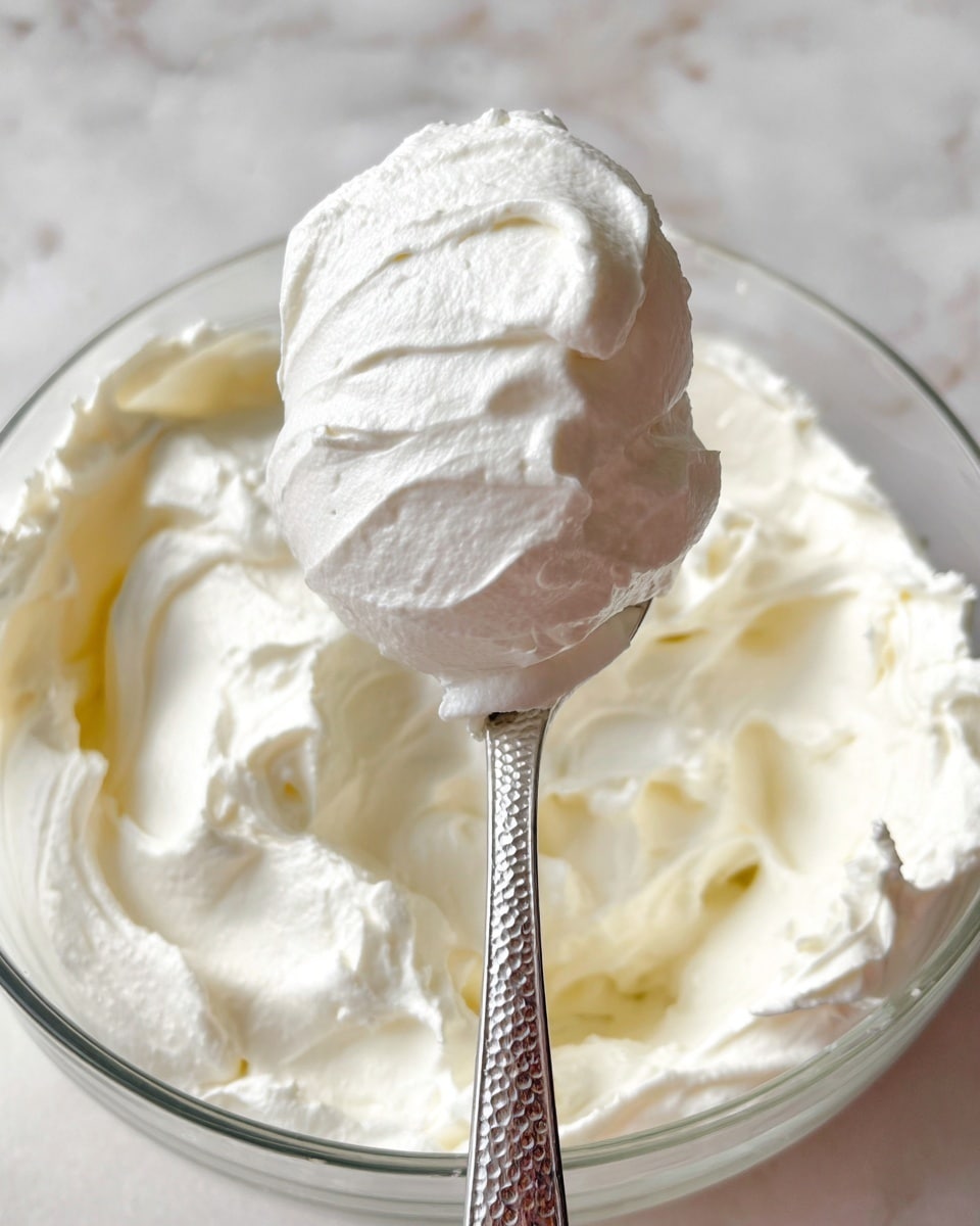 A close-up image of a spoon holding a large scoop of thick, white whipped cream with a smooth, slightly textured surface. The spoon is silver with a hammered pattern and is positioned in the center, angled upward. Behind the spoon, there is a clear glass bowl filled with more whipped cream, showing soft, fluffy layers and swirls. The whole scene is set on a white marbled surface with gentle lighting that highlights the creamy texture and bright white color of the whipped cream, giving it a fresh and airy look. photo taken with an iphone --ar 4:5 --v 7