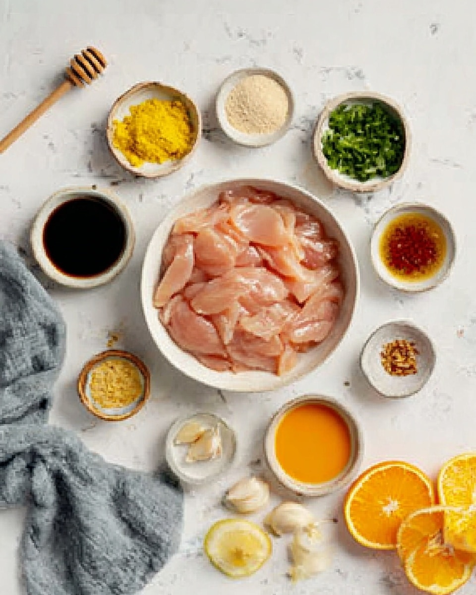 The image shows a white bowl in the center filled with thin slices of raw light pink chicken. Around it, arranged in a circle on a white marbled surface, are small dishes containing various ingredients: a small bowl of light beige powder; a bowl of dark soy sauce; a bowl of finely grated yellow ginger; a bowl of green chopped herbs; a bowl of bright orange liquid; a small bowl with brownish spice; a tiny cup with garlic cloves; a small bowl of lemon slices; and some orange halves. There is also a honey dipper with honey nearby and a gray cloth in the bottom left corner. photo taken with an iphone --ar 4:5 --v 7