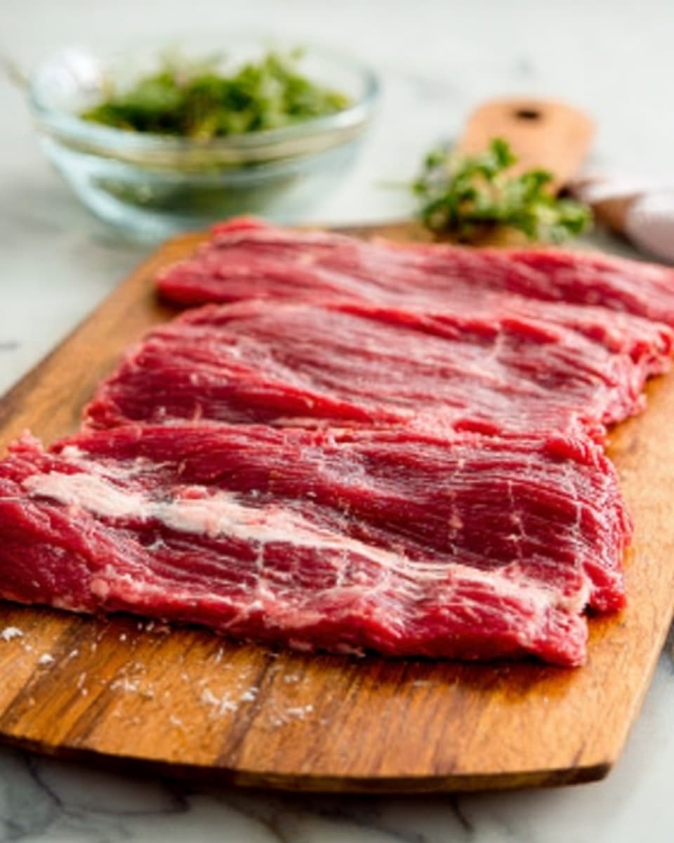 The image shows three thin layers of raw red meat arranged flat on a wooden board. The meat is bright red with some white fat streaks running through it, giving a slightly marbled look. In the background, there is a clear glass bowl with green herbs and a white marbled surface underneath the wooden board. A woman's hand is not visible in the image. The overall scene is bright and clean. Photo taken with an iphone --ar 4:5 --v 7