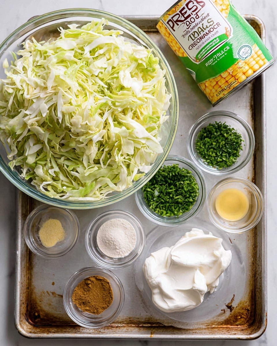 The image shows a close-up of a large clear glass bowl filled with shredded pale green and white cabbage pieces as the main layer, placed on the left side of a metal tray with a slightly worn texture. On the right side of the tray, there are small clear glass bowls arranged in two rows containing various ingredients: bright green chopped herbs in two bowls on the top row, a small amount of white powder in another bowl, a pale yellow powder in another bowl, a clear liquid in a small bowl, a medium brown powder in one bowl, and two bowls at the front containing dollops of thick white creamy substances. Behind the large bowl on the track, a white bag with green peas and the text “Green Peas Traditional Favorites” in white and brown is partially visible, along with a can of Del Monte whole kernel corn with a green label showing yellow corn on the cob. The whole setup is placed on a smooth white marbled texture surface. photo taken with an iphone --ar 4:5 --v 7