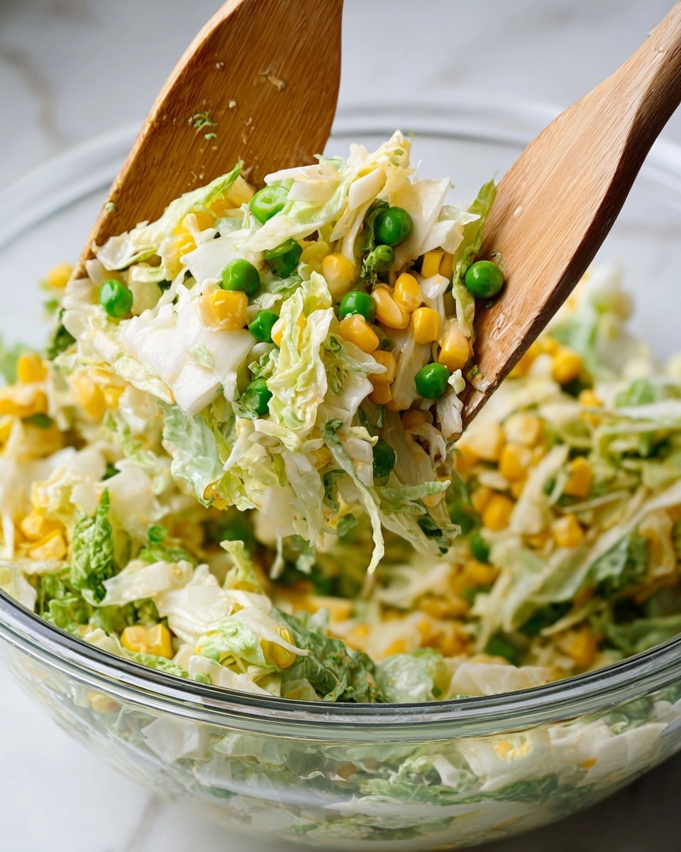 The image shows a close-up of a fresh salad being lifted by two wooden salad tongs. The salad has several layers starting with pale green and white leafy cabbage at the top, mixed with bright yellow corn kernels and green peas scattered throughout. The wooden tongs lift the mix above a clear glass bowl, all set on a white marbled surface. The textures range from the crisp, ruffled cabbage leaves to the smooth, round corn and peas, giving a fresh and colorful look. Photo taken with an iphone --ar 4:5 --v 7