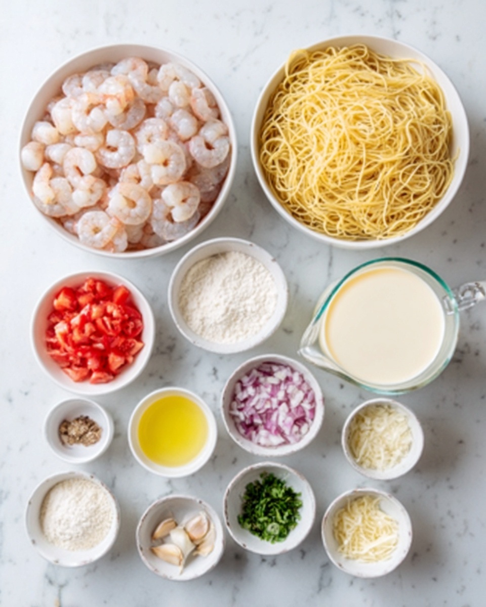 The image shows a top-down view of a white marble surface holding several white bowls and a small jug, all arranged neatly in a grid-like pattern. There are two larger bowls at the top; one filled with raw shrimp, pale pink with a smooth texture, and the other filled with cooked spaghetti noodles, light yellow and well-separated. Below these are several smaller white bowls containing various ingredients: white flour, light yellow oil, a clear liquid, light brown liquid, diced red tomatoes, chopped garlic cloves, small pieces of purple onions, finely chopped green herbs, and grated pale cheese. To the right is a small clear glass jug filled with cream. The scene is bright, clean, and organized, with each ingredient visually distinct and well-lit. Photo taken with an iphone --ar 4:5 --v 7