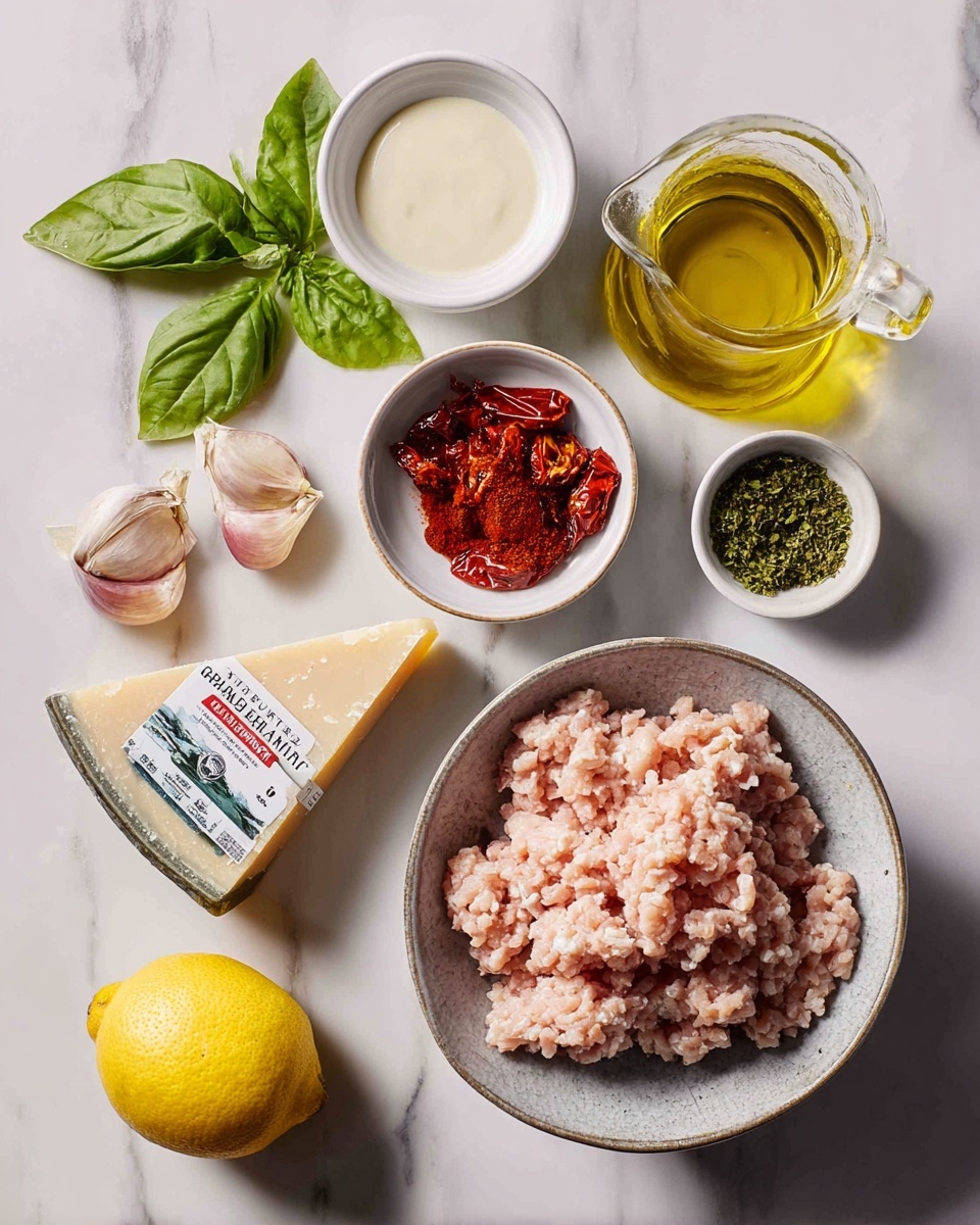 On a white marbled surface, a variety of cooking ingredients are arranged. At the center right, there is a textured light gray bowl filled with raw pale pink minced meat. To the top right, a clear glass jug with golden olive oil shines brightly. Above the bowl, a small white bowl holds a smooth, creamy white liquid. Beside it, a small white bowl contains bright red paprika powder. To the left, fresh green basil leaves sit next to three peeled garlic cloves with pinkish tones. Below, a triangular wedge of Parmigiano Reggiano cheese in its packaging leans against the bowl, with a bright yellow lemon resting to its left. At the bottom right, a small white bowl holds crushed green dried herbs. To the left of the cheese, a small white bowl contains sun-dried tomatoes in rich red and brown tones. Photo taken with an iphone --ar 4:5 --v 7