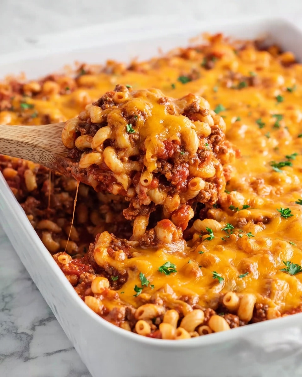 Creamy Cheddar Beef Macaroni Casserole Recipe 5 A white baking dish filled with a macaroni casserole that has three main layers: the bottom layer is a deep red tomato and ground meat sauce, the middle layer is curly elbow macaroni mixed evenly throughout, and the top layer is melted orange cheddar cheese with small green parsley pieces sprinkled over it. A wooden spoon is lifting a scoop from the dish, showing the mix of sauce, pasta, and cheese stretching slightly as it is pulled. The dish is placed on a white marbled surface. Photo taken with an iphone --ar 4:5 --v 7