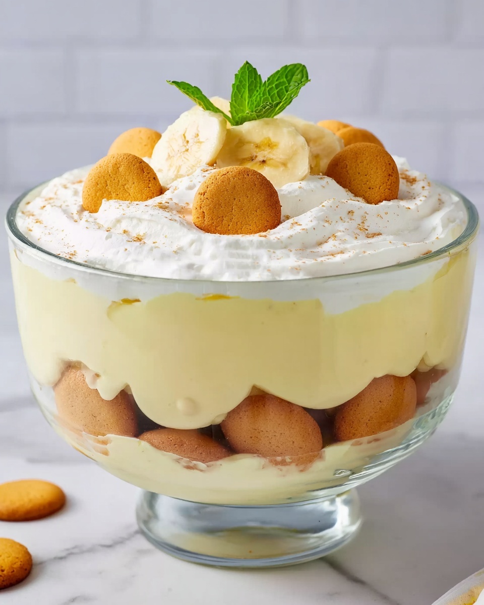A clear glass bowl contains a layered dessert with three main layers. The bottom layer shows round golden-brown cookies arranged closely together. Above it, a thick creamy pale yellow pudding layer covers the cookies, with some pudding visible between the cookie gaps. The top layer is a smooth white whipped cream spread evenly, topped with three golden cookies, two banana slices, and a small green mint leaf for decoration. The bowl is placed on a white marbled surface with a blurry light background. photo taken with an iphone --ar 4:5 --v 7