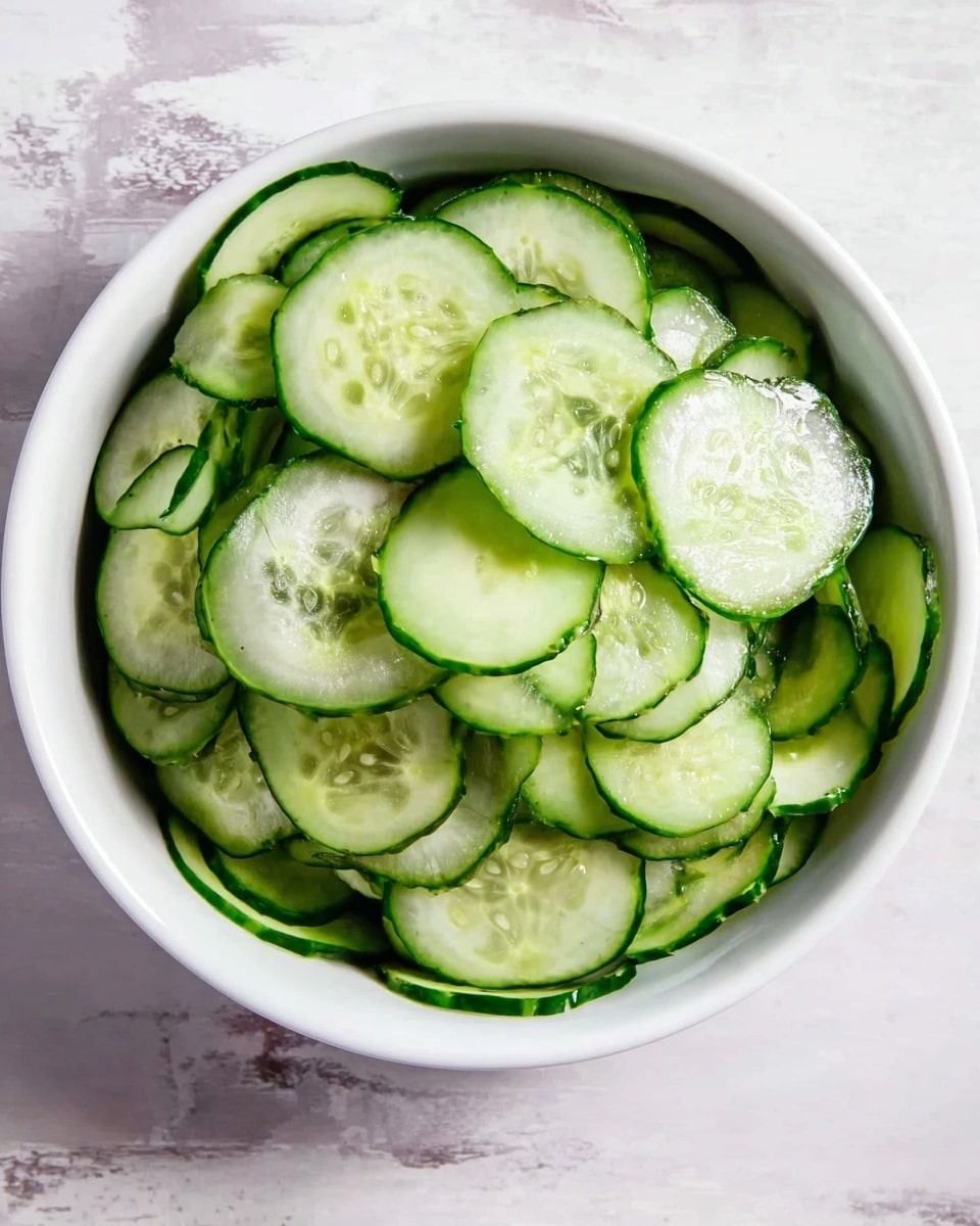 Cucumber Everything Bagel Salad Recipe 4 A white bowl filled with many thin, round cucumber slices showing light green centers and darker green edges, layered in a way that almost fills the bowl. The cucumber slices have a slightly shiny, fresh texture. The bowl is placed on a white marbled surface. photo taken with an iphone --ar 4:5 --v 7
