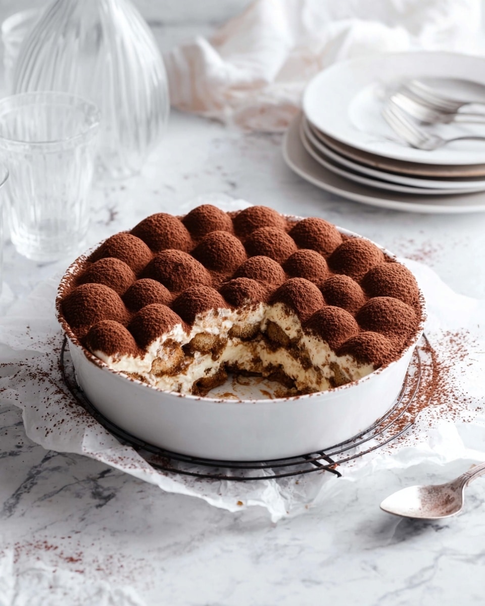 Classic Tiramisu Recipe 4 A white round dish holds a layered tiramisu dessert with a bite taken out, revealing three visible layers inside: light cream layers alternating with darker coffee-soaked cake layers. The top layer is covered with small rounded mounds dusted in dark brown cocoa powder, creating a textured pattern that covers the whole surface. The dish sits on crumpled white parchment paper over a black cooling rack on a white marbled surface. In the background, there are clear glass bottles and a tall empty glass, along with a stack of white plates on the right. The overall scene is bright with soft, natural light. photo taken with an iphone --ar 4:5 --v 7
